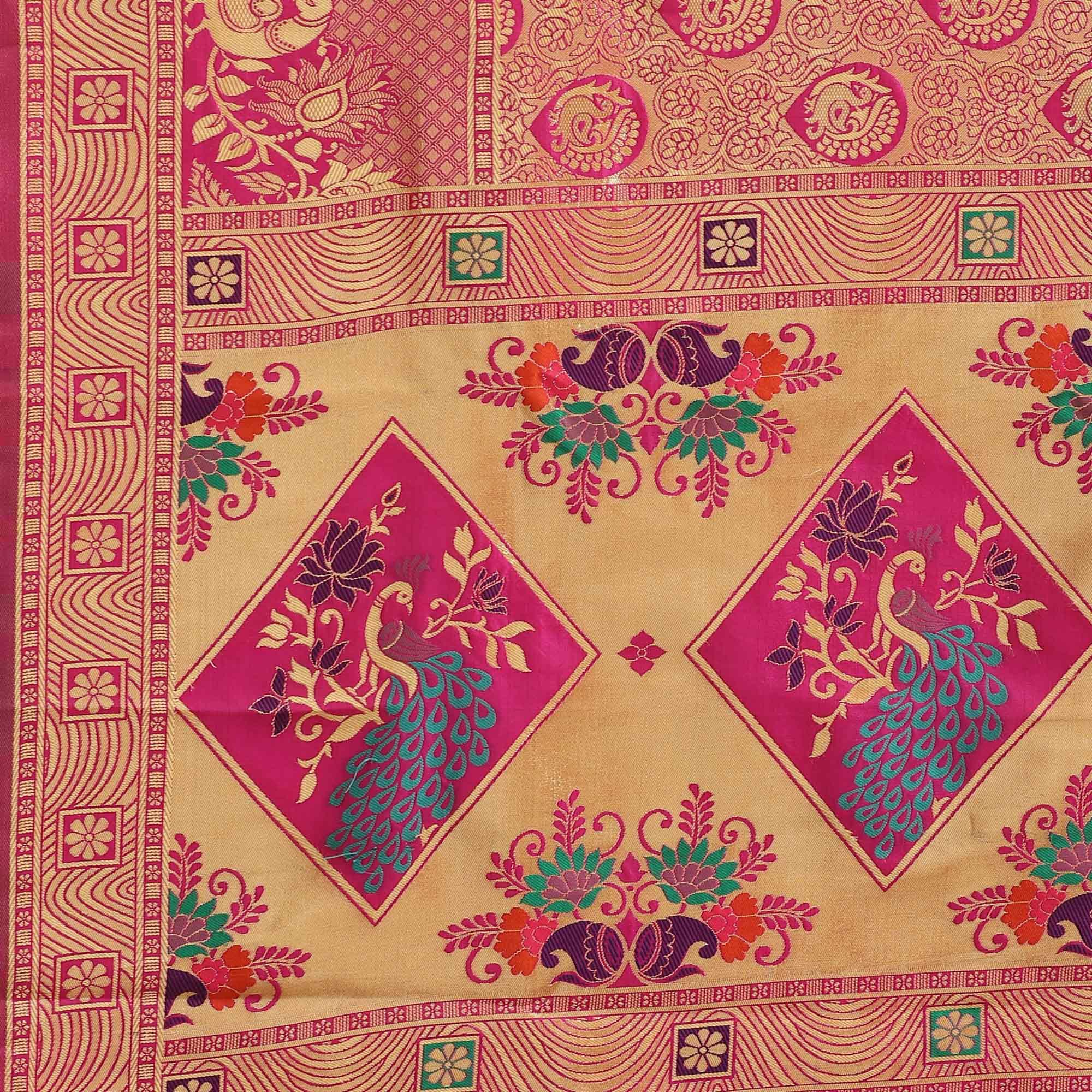 Dazzling Gold-Pink Colored Festive Wear Woven Silk Blend Saree - Peachmode
