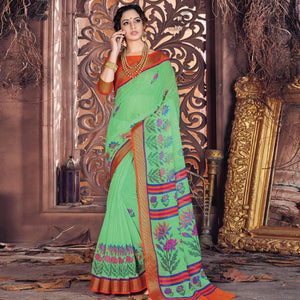 Dazzling Green Colored Casual Wear Printed Cotton Saree - Peachmode