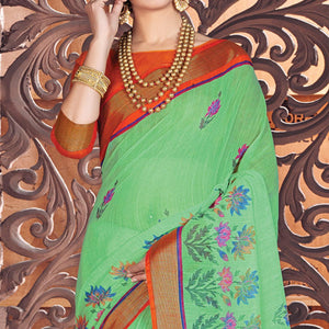 Dazzling Green Colored Casual Wear Printed Cotton Saree - Peachmode