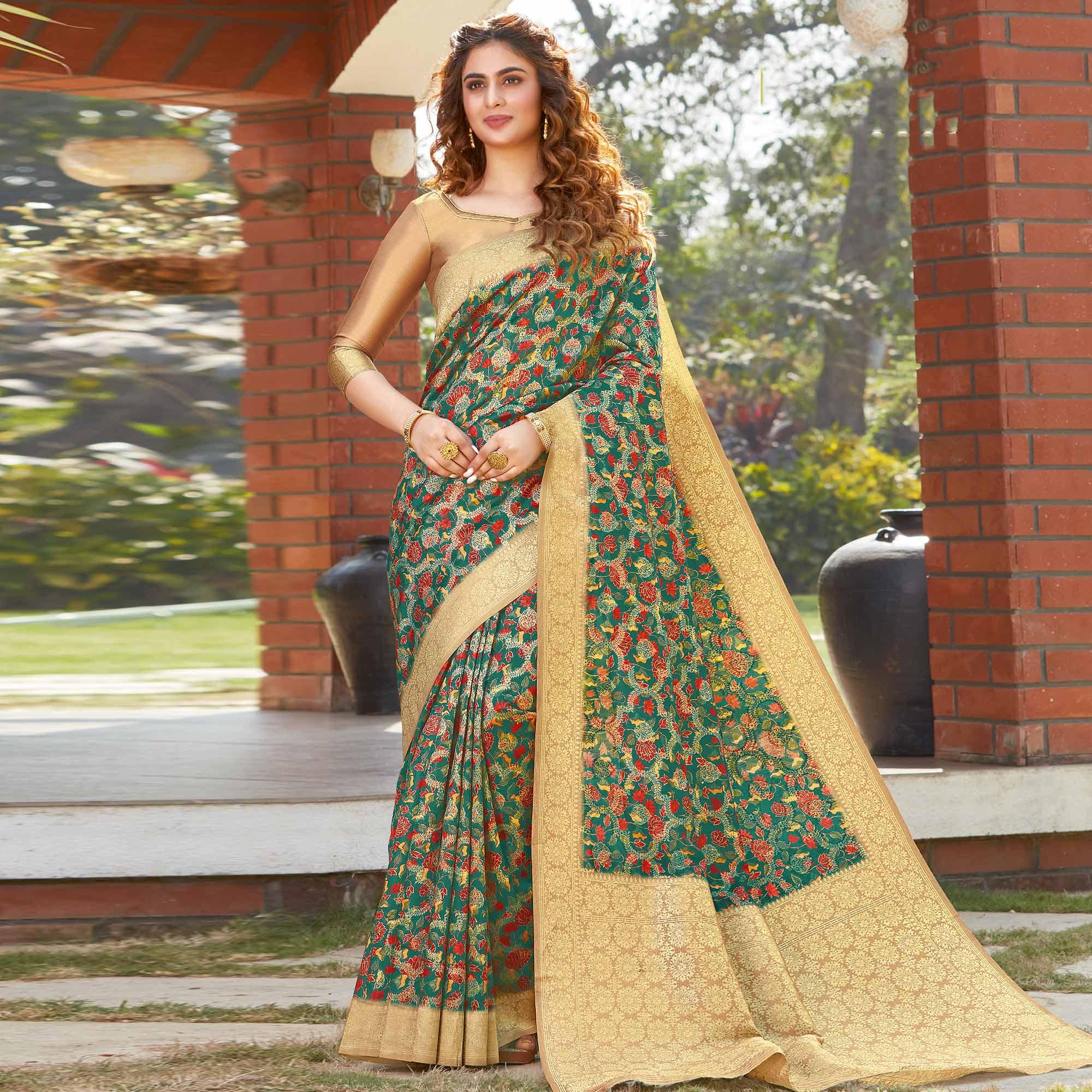 Dazzling Green Colored Festive Wear Floral Digital Printed Silk Saree - Peachmode