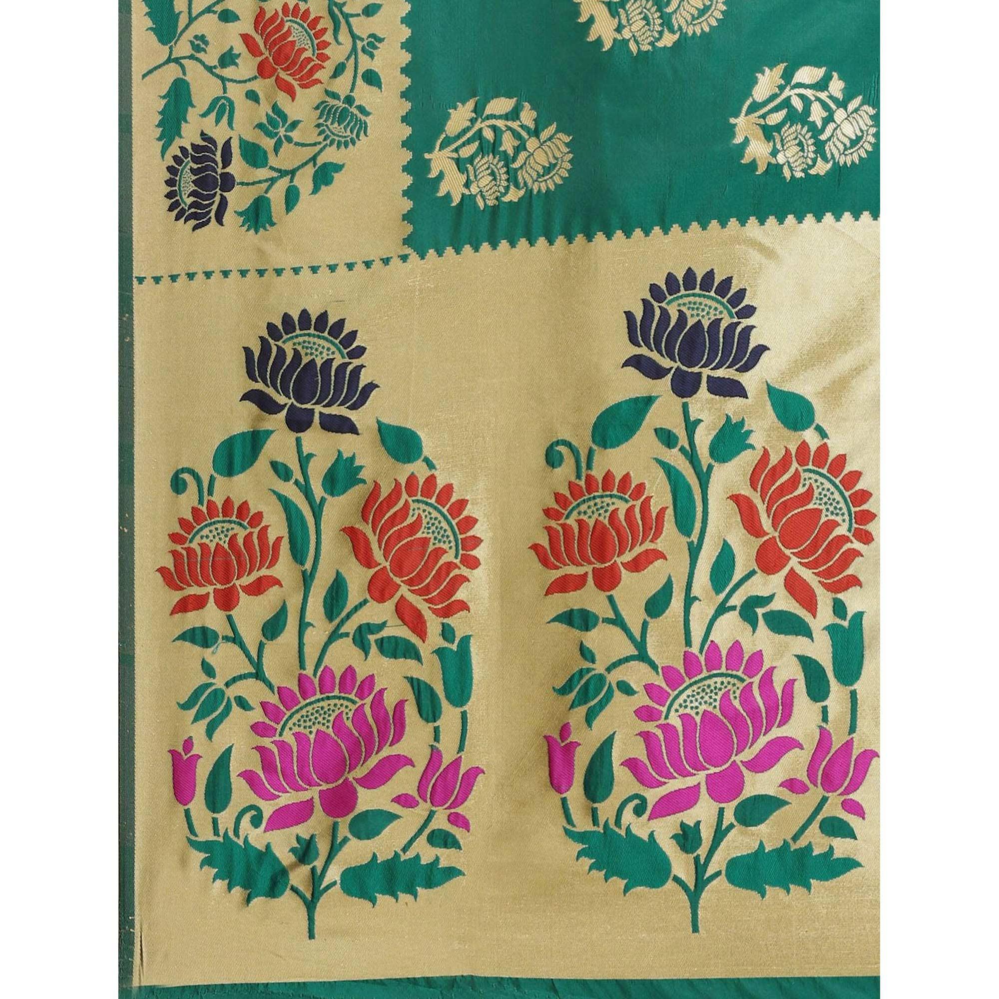 Dazzling Green Colored Festive Wear Woven Silk Blend Saree - Peachmode