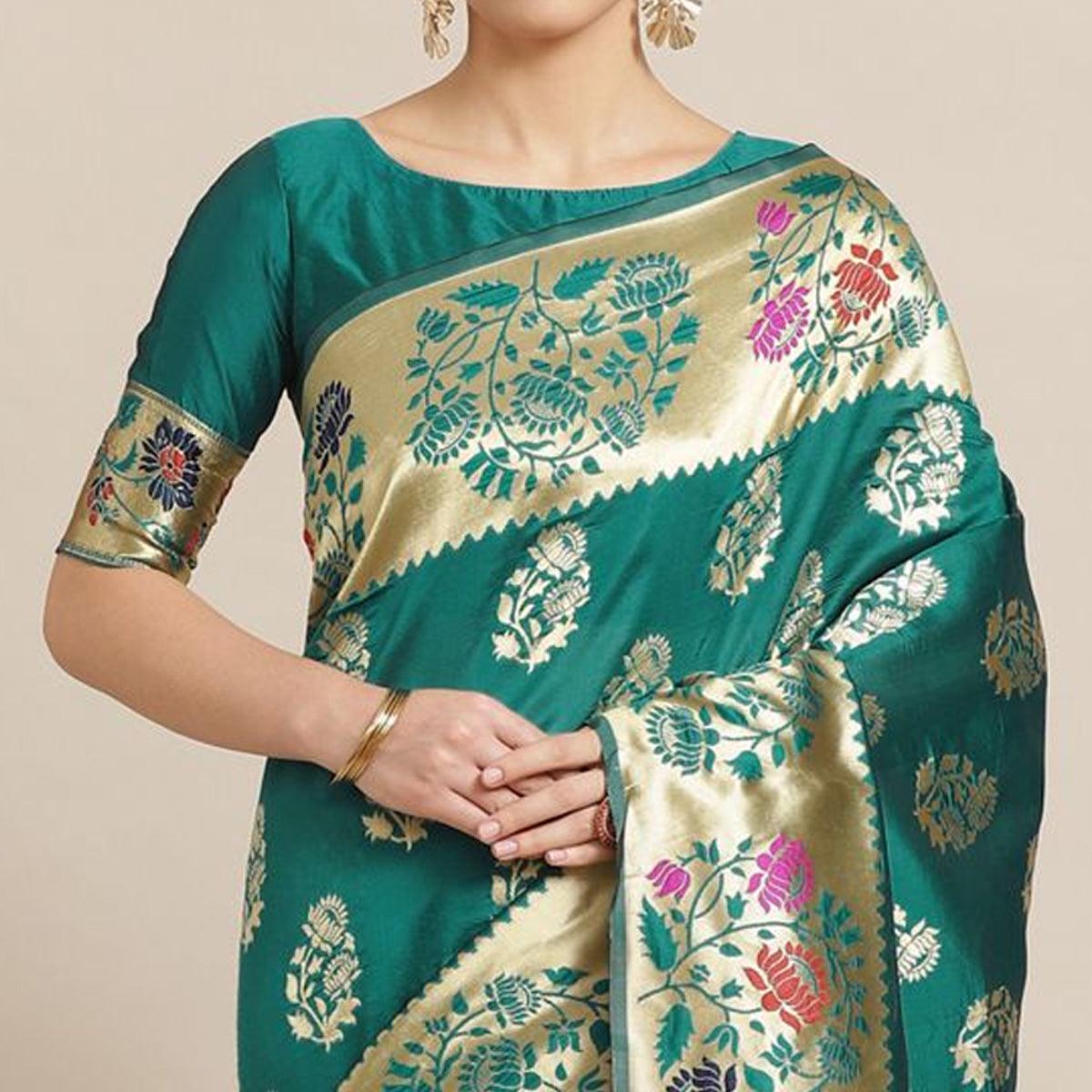 Dazzling Green Colored Festive Wear Woven Silk Blend Saree - Peachmode