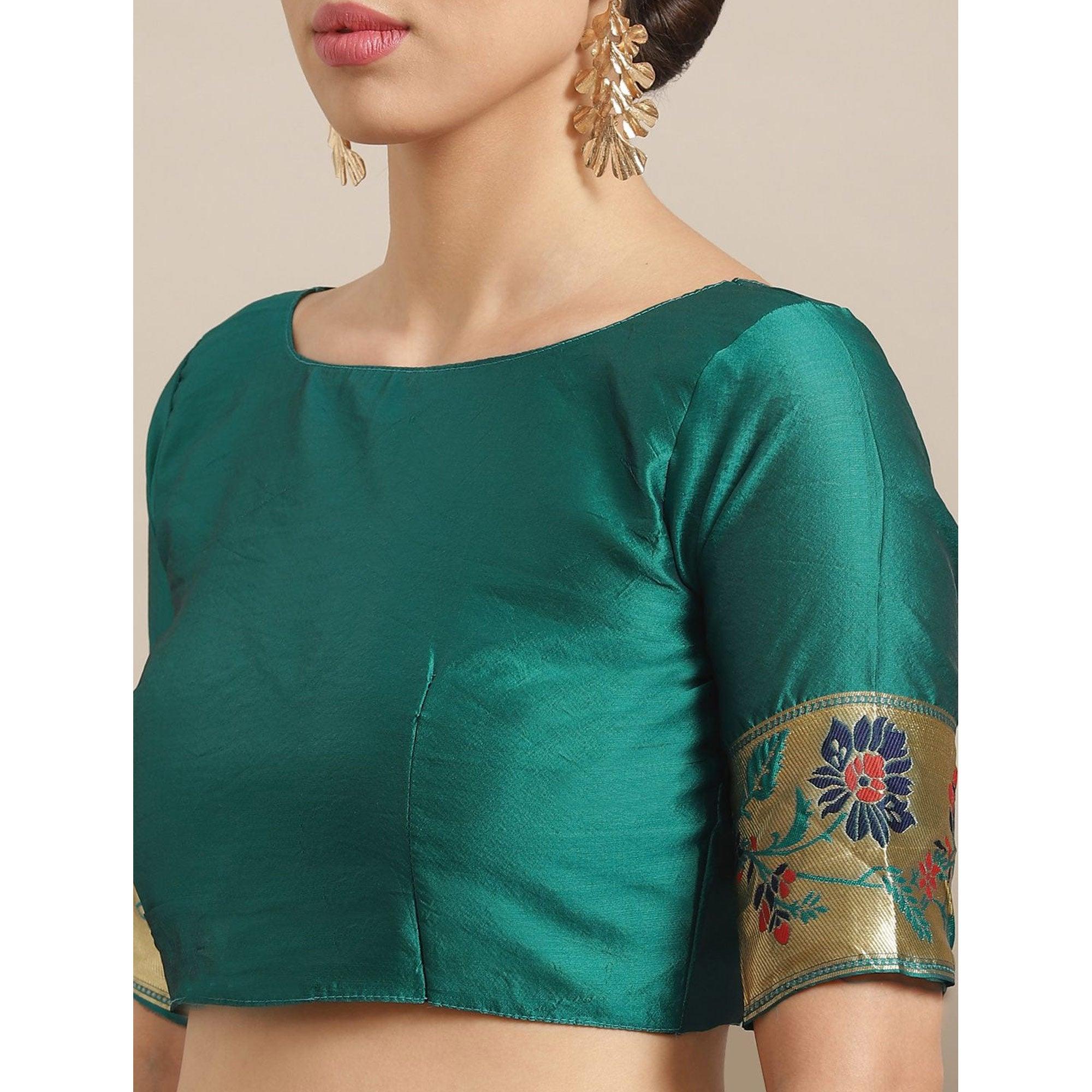 Dazzling Green Colored Festive Wear Woven Silk Blend Saree - Peachmode