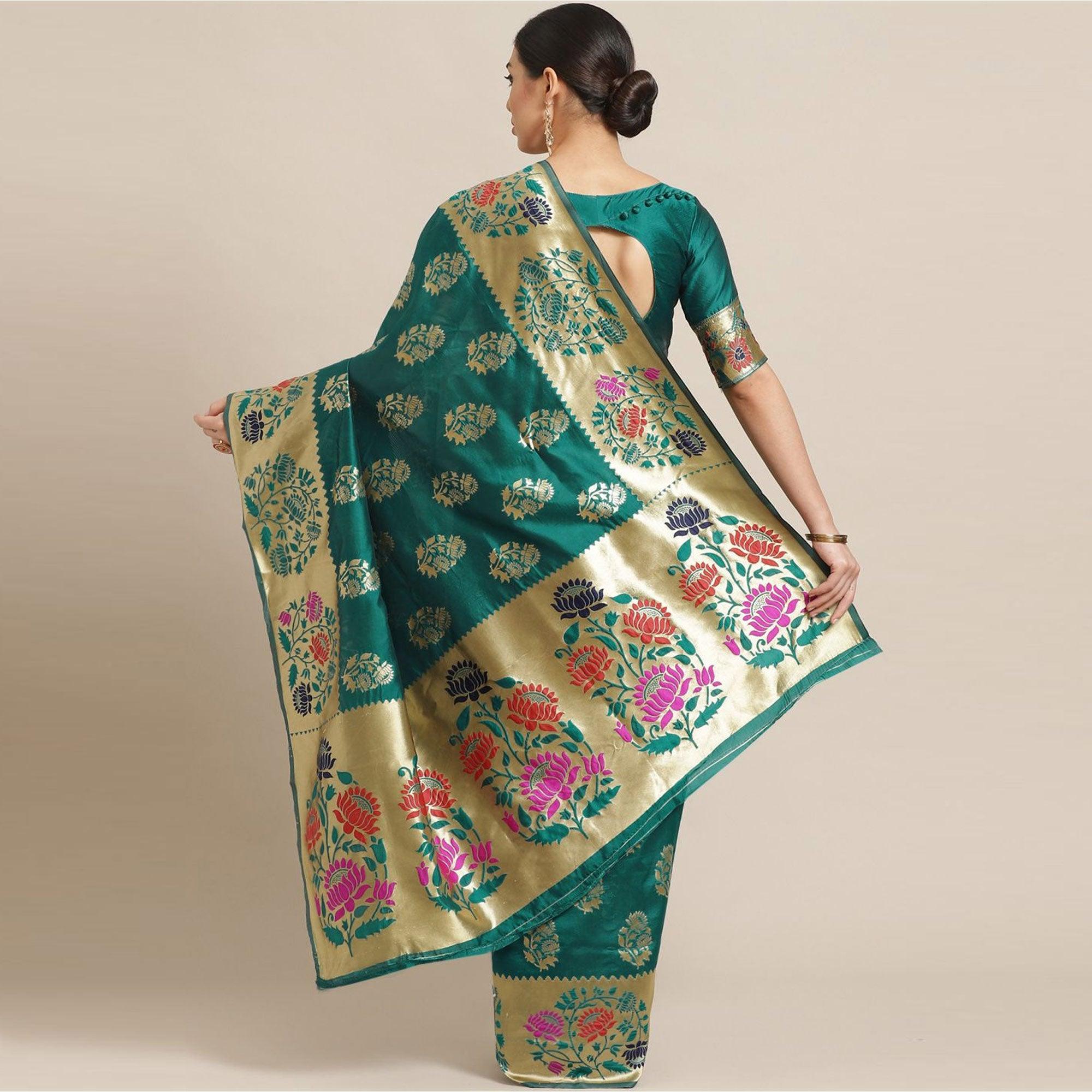 Dazzling Green Colored Festive Wear Woven Silk Blend Saree - Peachmode