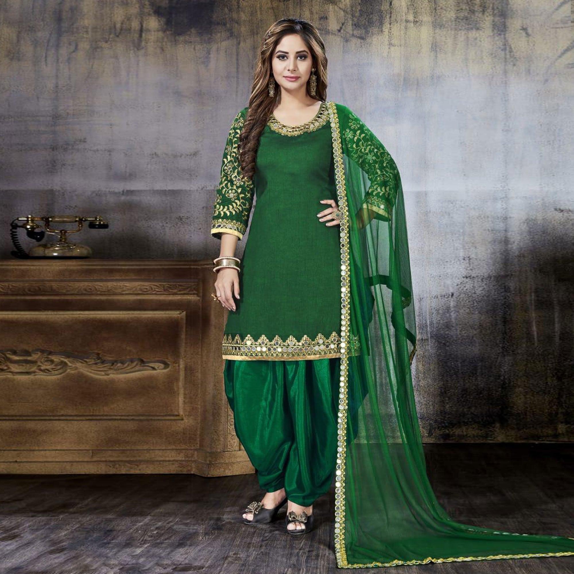 Dazzling Green Colored Party Wear Embroidered Art Silk Suit - Peachmode