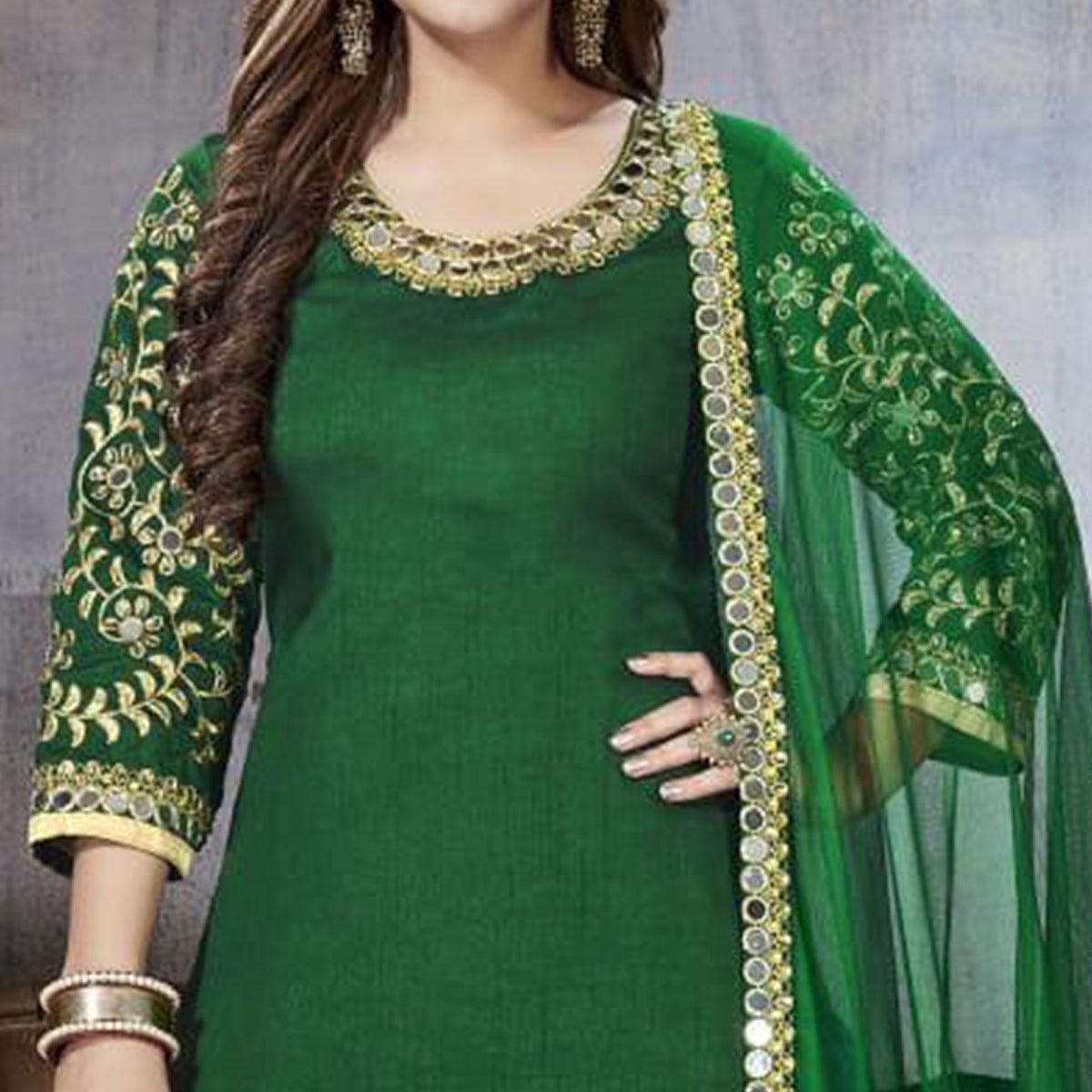 Dazzling Green Colored Party Wear Embroidered Art Silk Suit - Peachmode