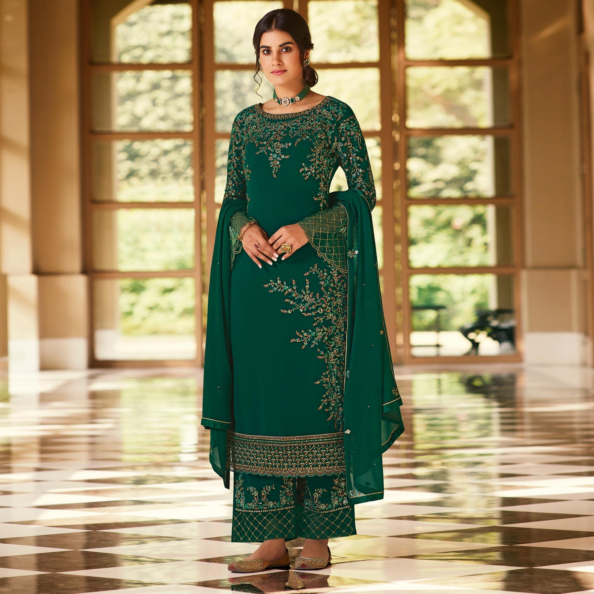 Dazzling Green Coloured Partywear Embroidered Pure Georgette Palazzo Suit - Peachmode