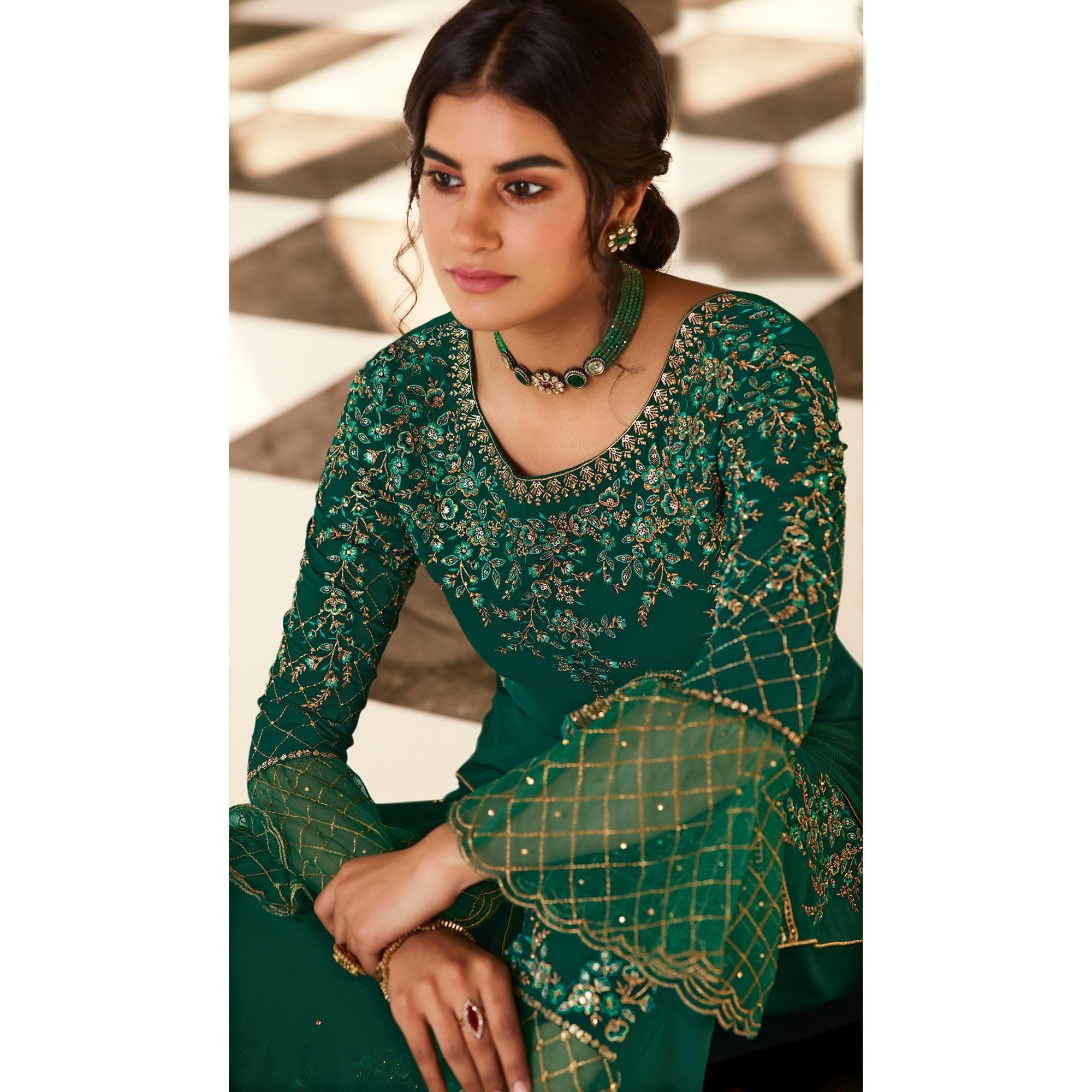 Dazzling Green Coloured Partywear Embroidered Pure Georgette Palazzo Suit - Peachmode