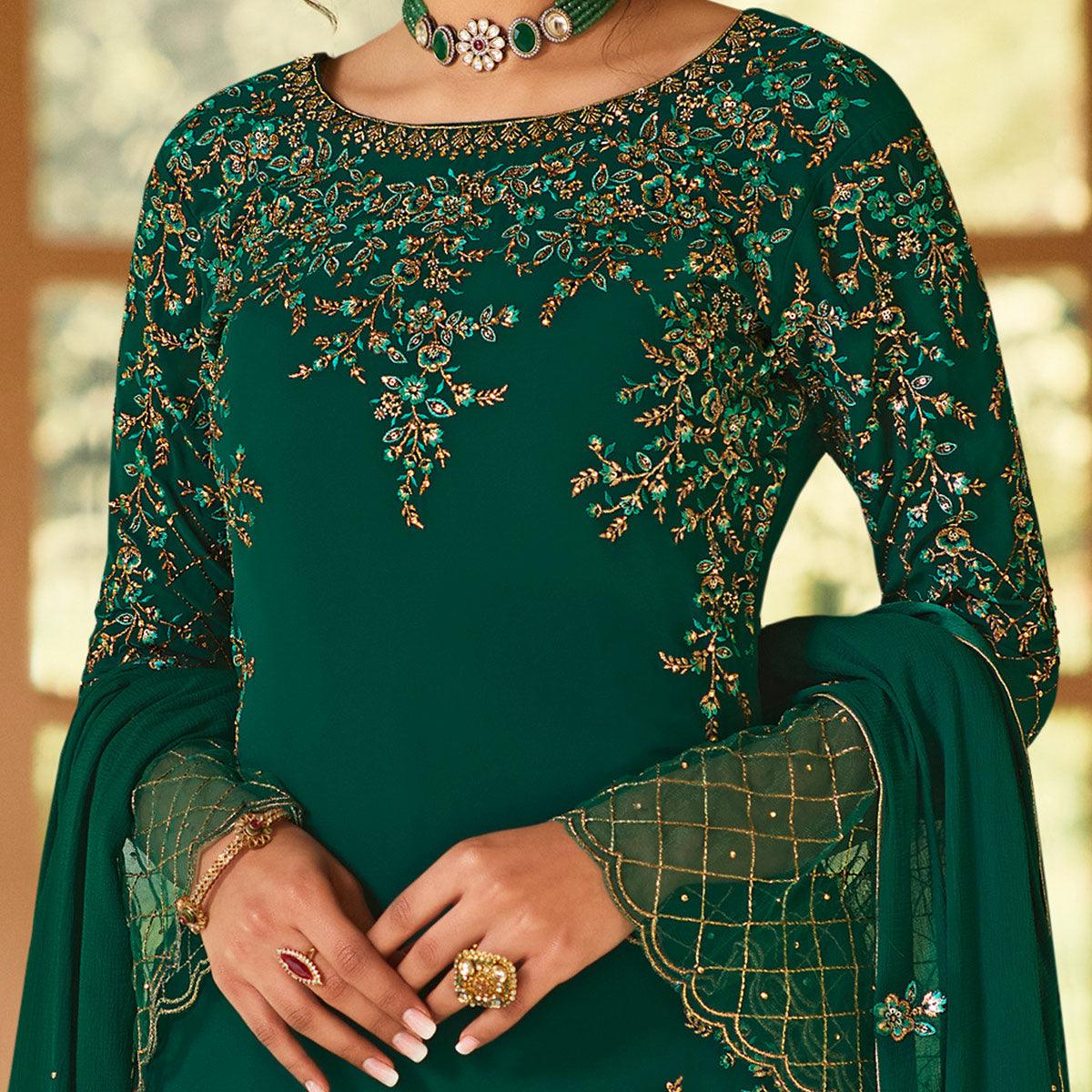 Dazzling Green Coloured Partywear Embroidered Pure Georgette Palazzo Suit - Peachmode