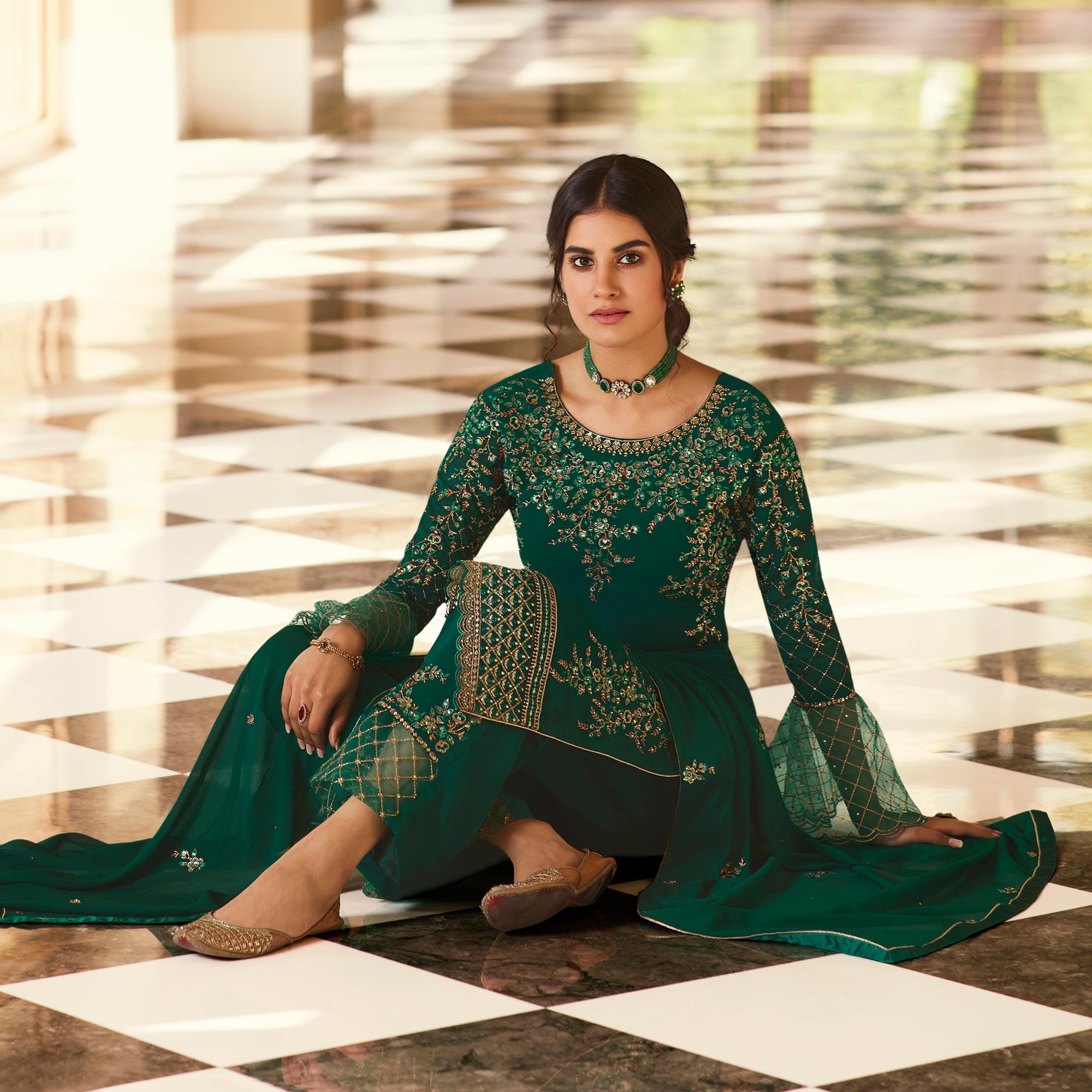 Dazzling Green Coloured Partywear Embroidered Pure Georgette Palazzo Suit - Peachmode