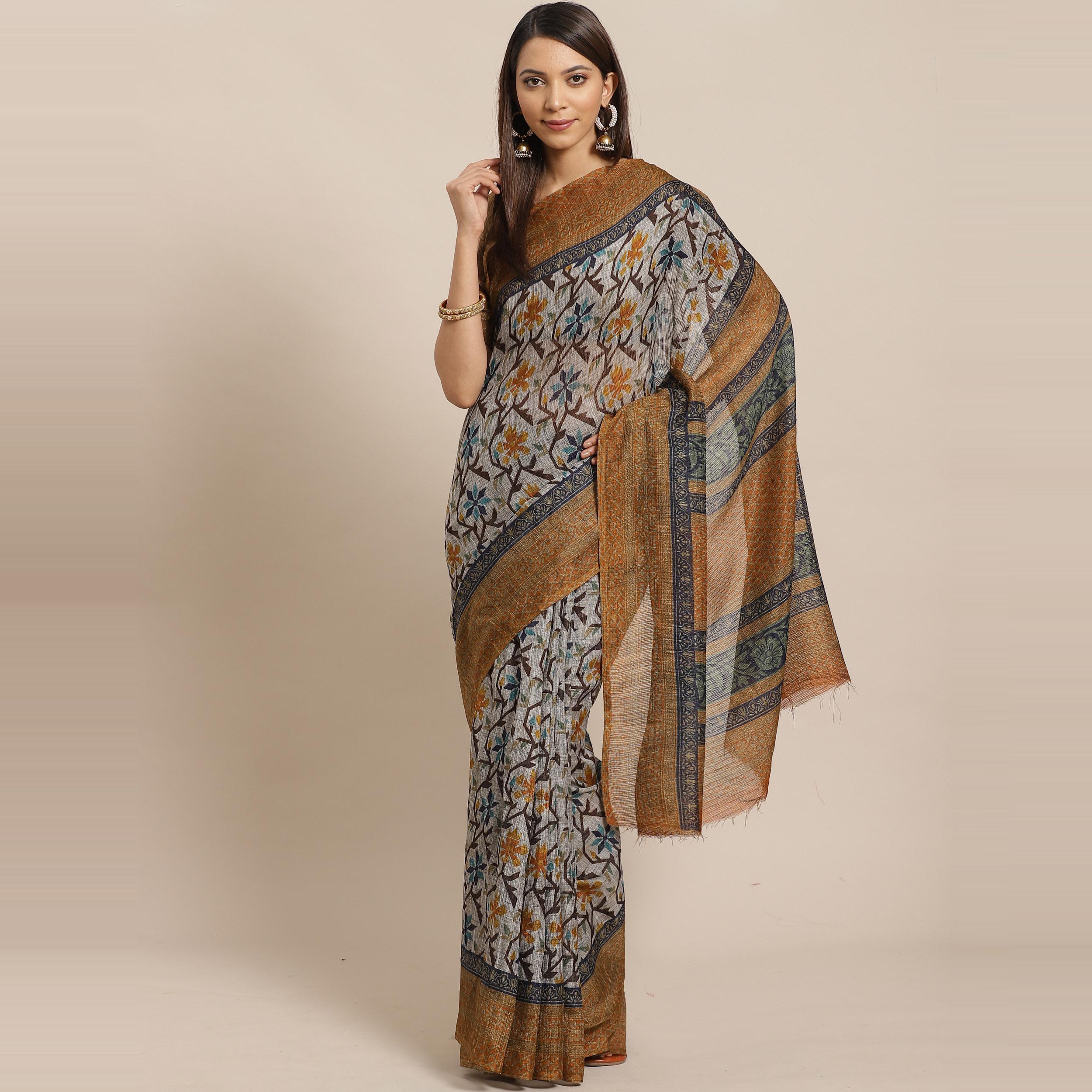 Dazzling Grey - Mustard Colored Casual Wear Printed Silk blend Saree - Peachmode