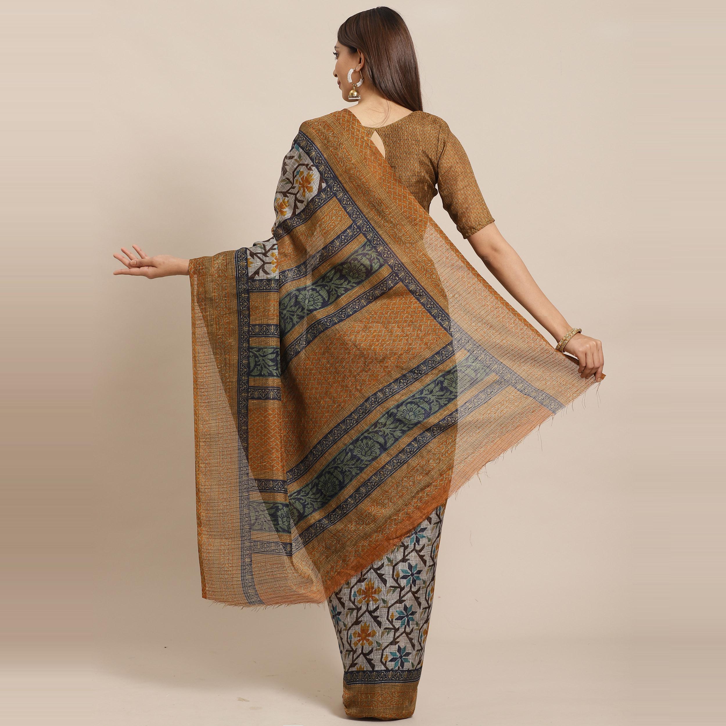 Dazzling Grey - Mustard Colored Casual Wear Printed Silk blend Saree - Peachmode
