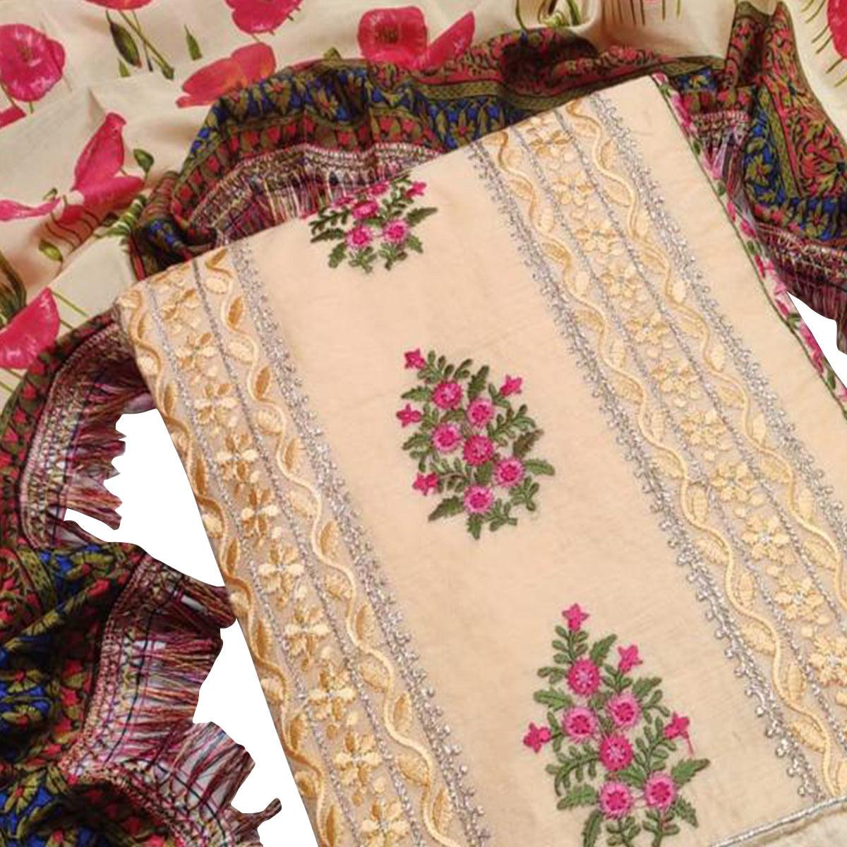 Dazzling Light Yellow Colored Casual Wear Embroidered Chanderi Dress Material - Peachmode