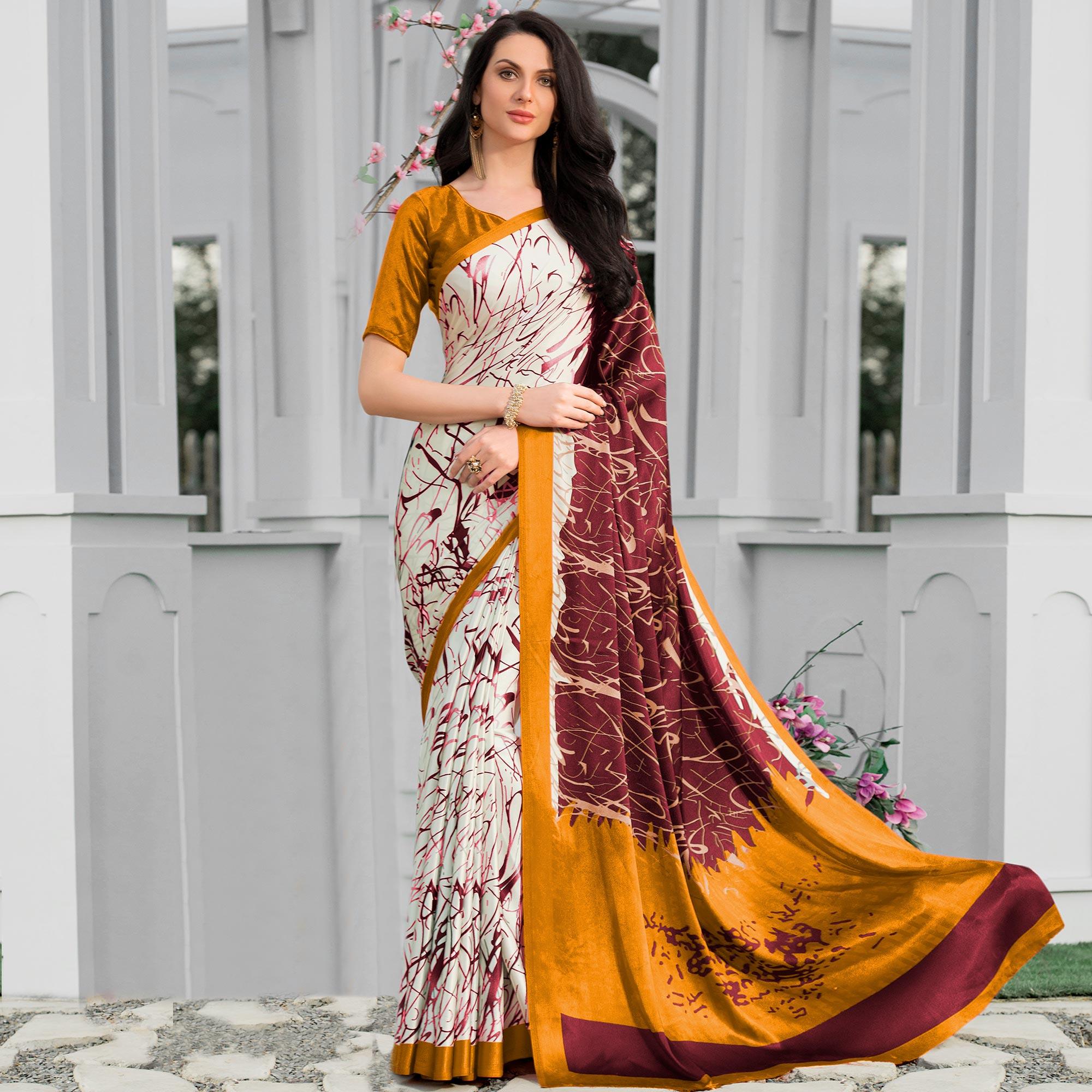 Dazzling Multicolor Colored Party Wear Designer Printed Half-Half Satin Saree - Peachmode