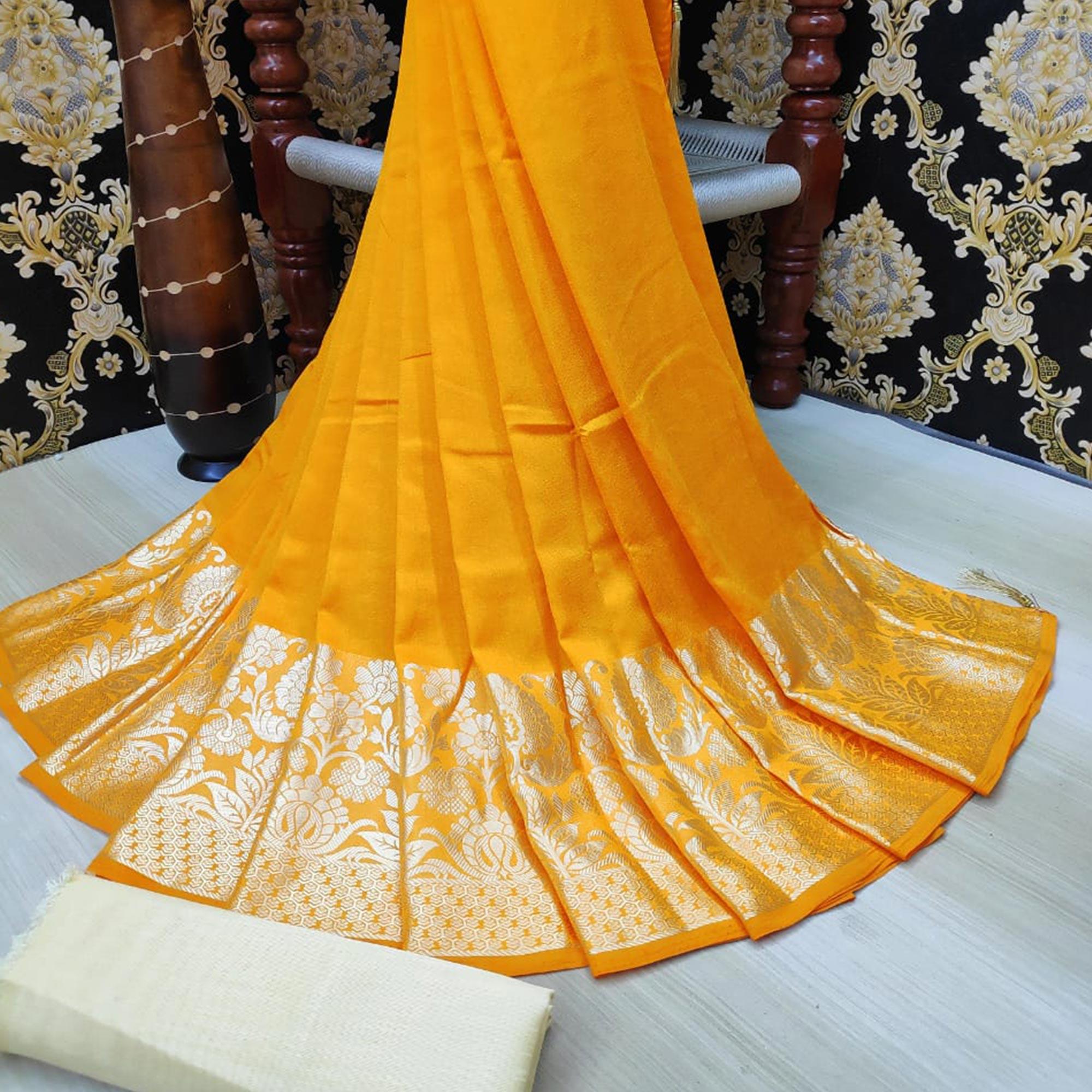 Dazzling Mustard Yellow Colored Festive Wear Woven Vichitra Silk Saree - Peachmode