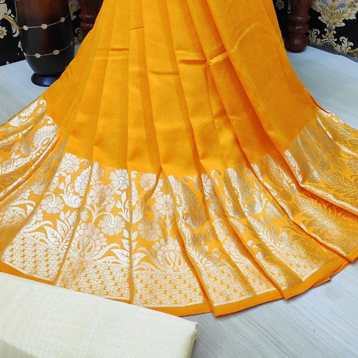 Dazzling Mustard Yellow Colored Festive Wear Woven Vichitra Silk Saree - Peachmode