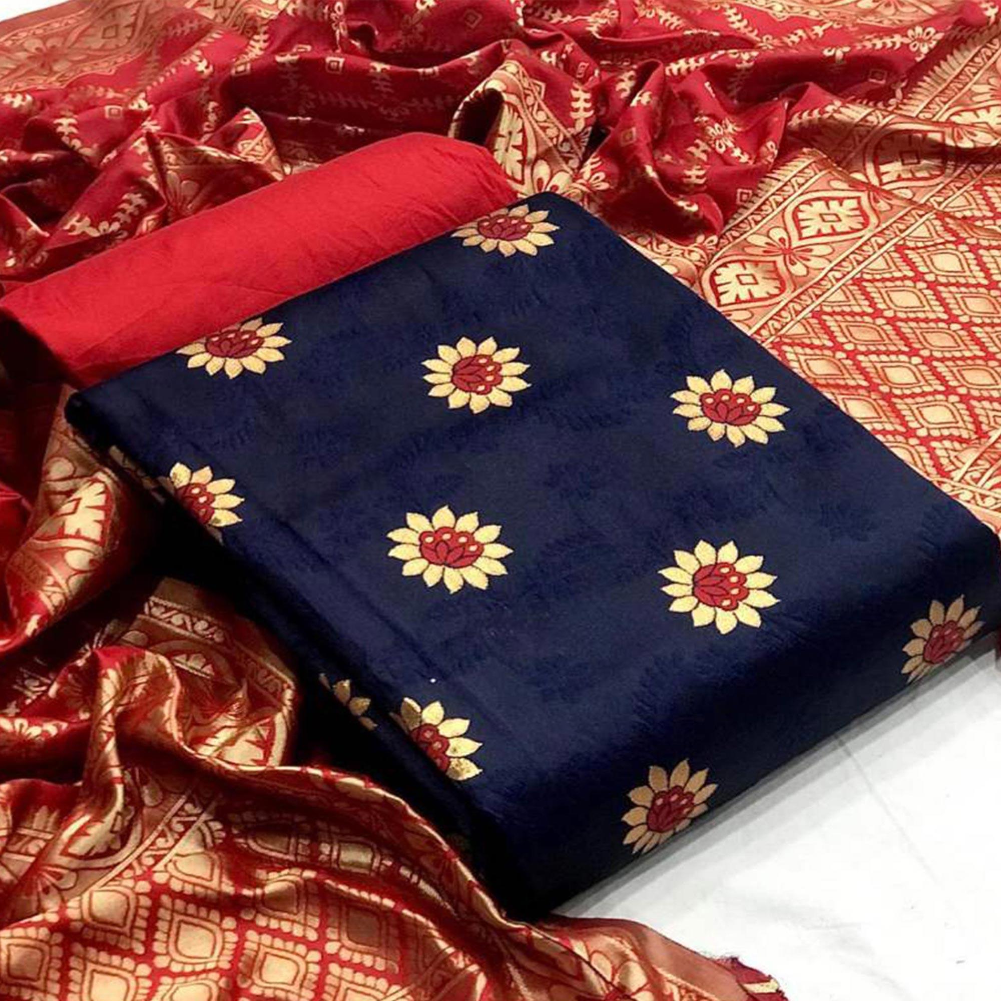 Dazzling Navy Blue Colored Casual Wear Banarasi Silk Dress Material - Peachmode