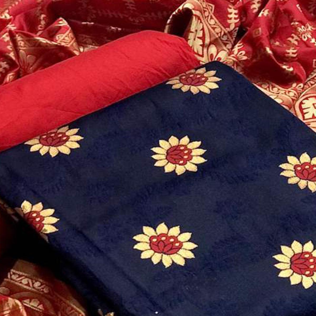 Dazzling Navy Blue Colored Casual Wear Banarasi Silk Dress Material - Peachmode