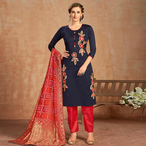 Dazzling Navy Blue Colored Partywear Embroidered Pure Cotton Dress Material - Peachmode