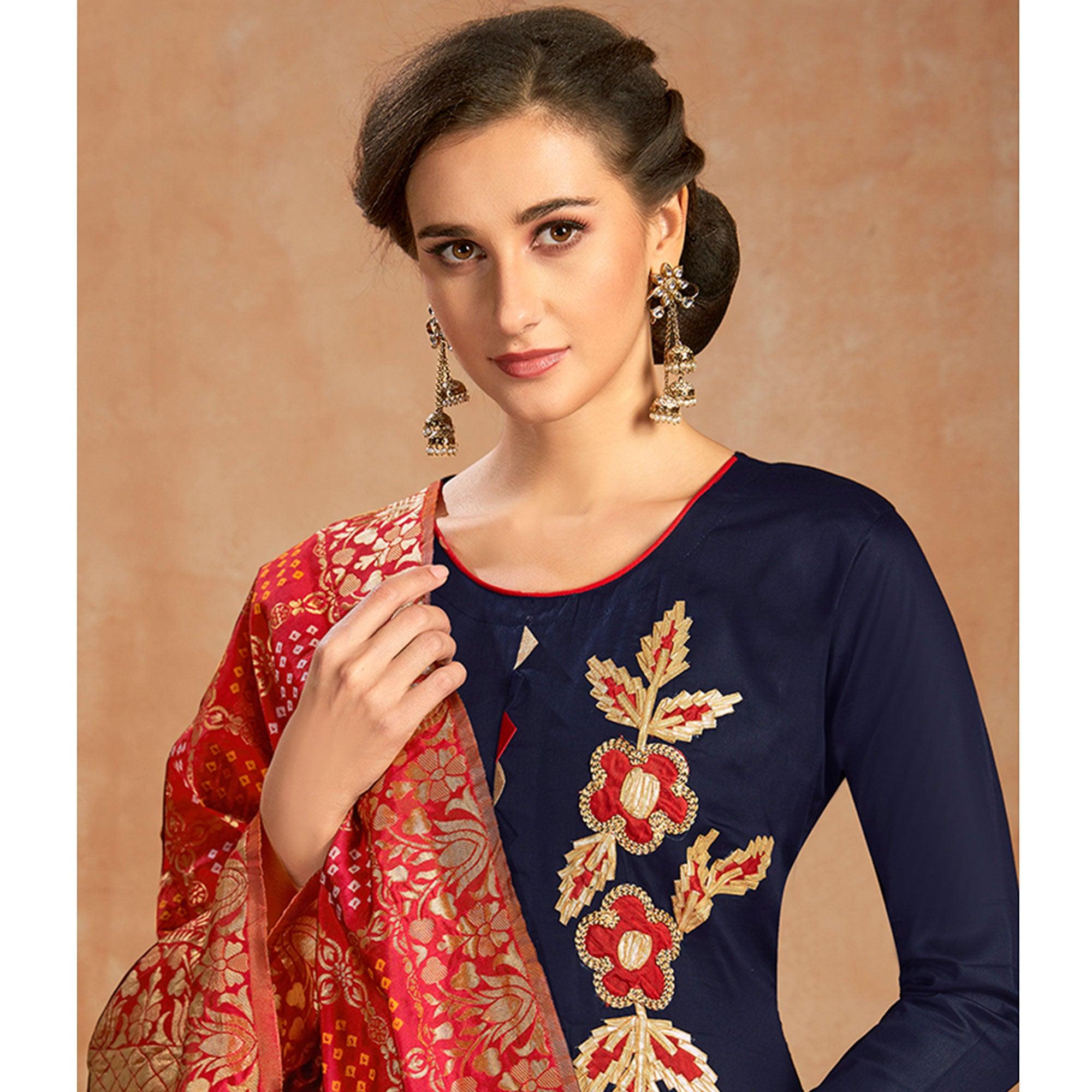Dazzling Navy Blue Colored Partywear Embroidered Pure Cotton Dress Material - Peachmode