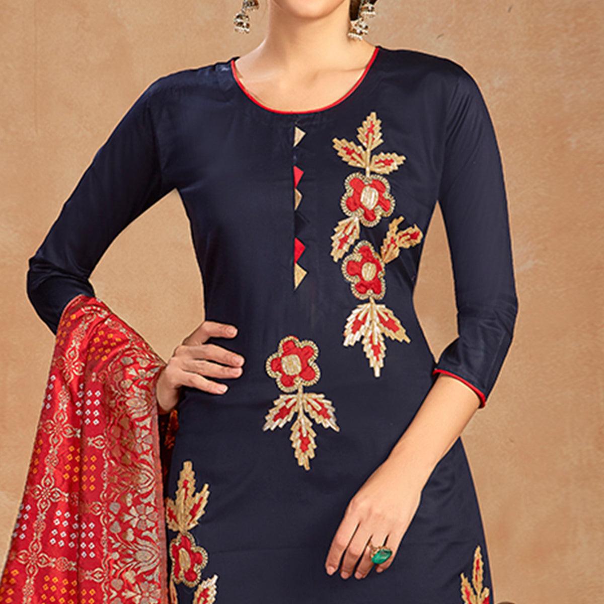 Dazzling Navy Blue Colored Partywear Embroidered Pure Cotton Dress Material - Peachmode