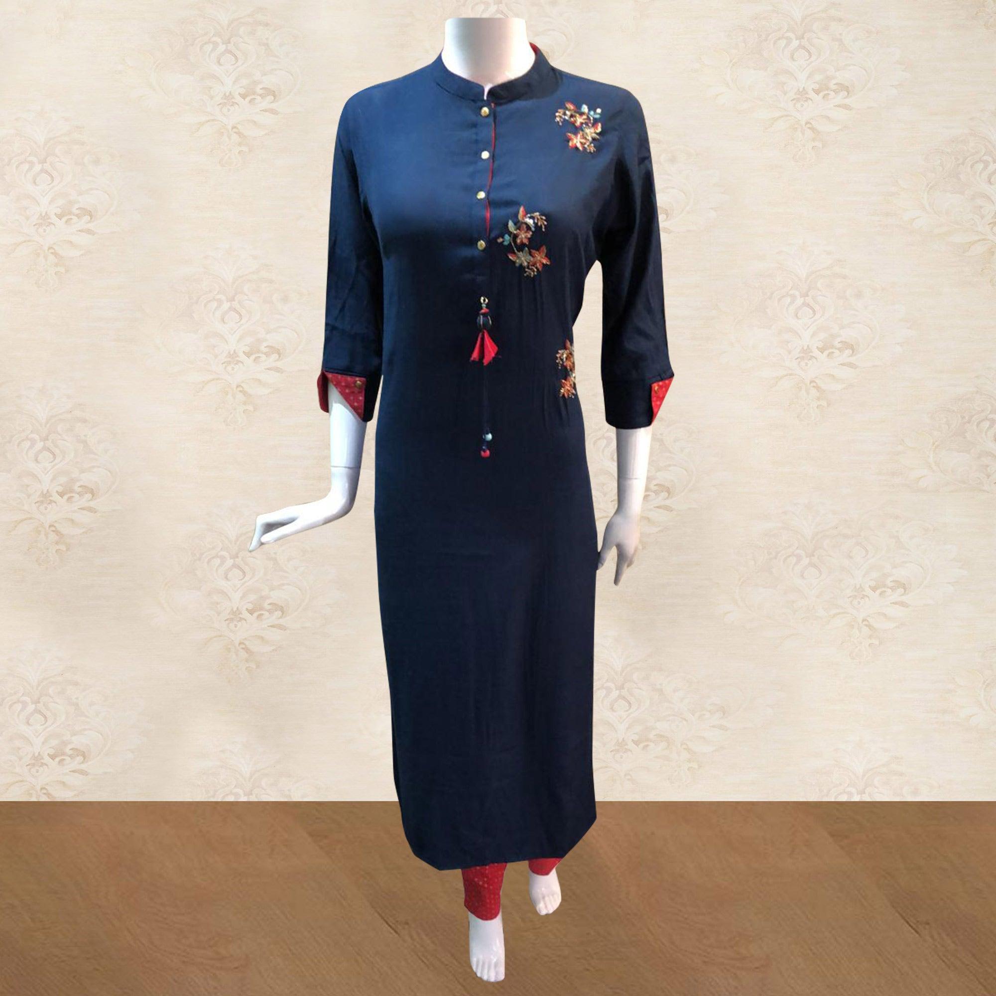 Dazzling Navy Blue Colored Partywear Handwork Cotton Kurti-Pant Set - Peachmode