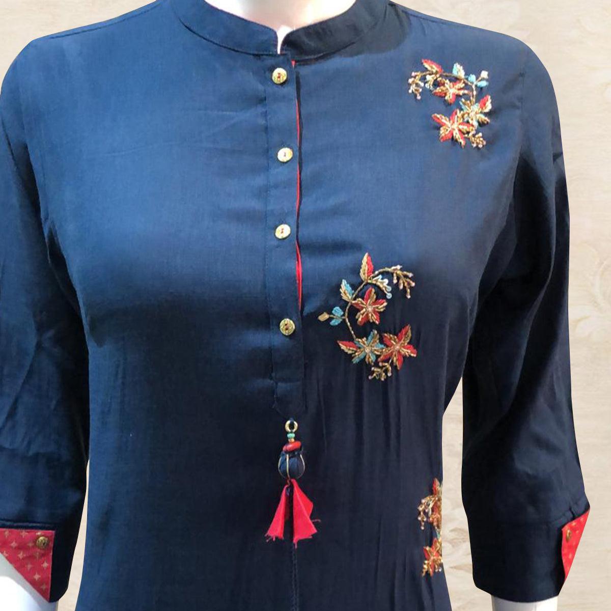 Dazzling Navy Blue Colored Partywear Handwork Cotton Kurti-Pant Set - Peachmode