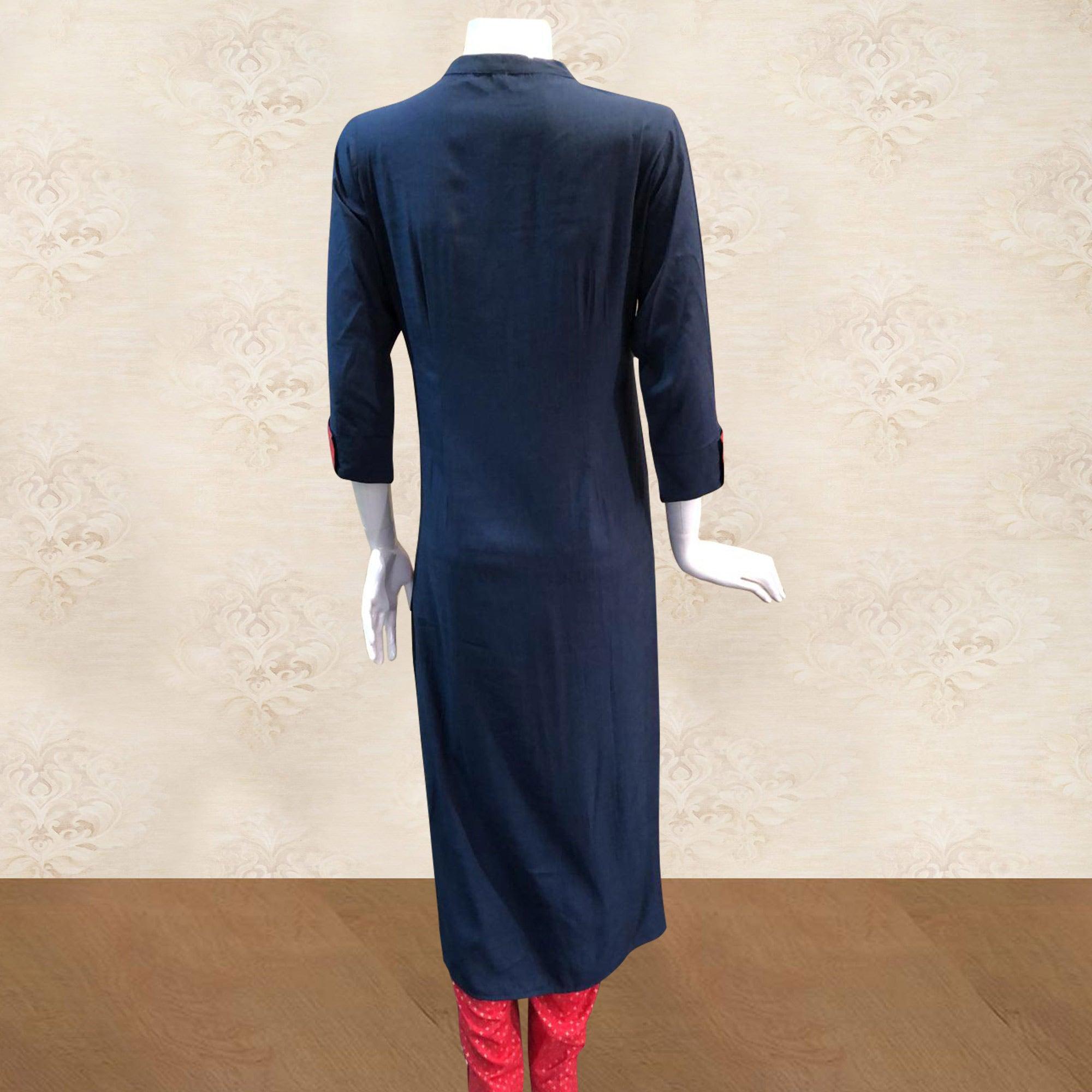 Dazzling Navy Blue Colored Partywear Handwork Cotton Kurti-Pant Set - Peachmode