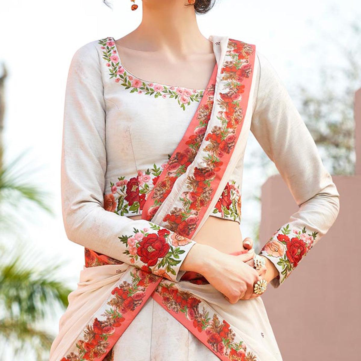 Dazzling Off-White Colored Designer Partywear Embroidered Silk Lehenga Choli - Peachmode
