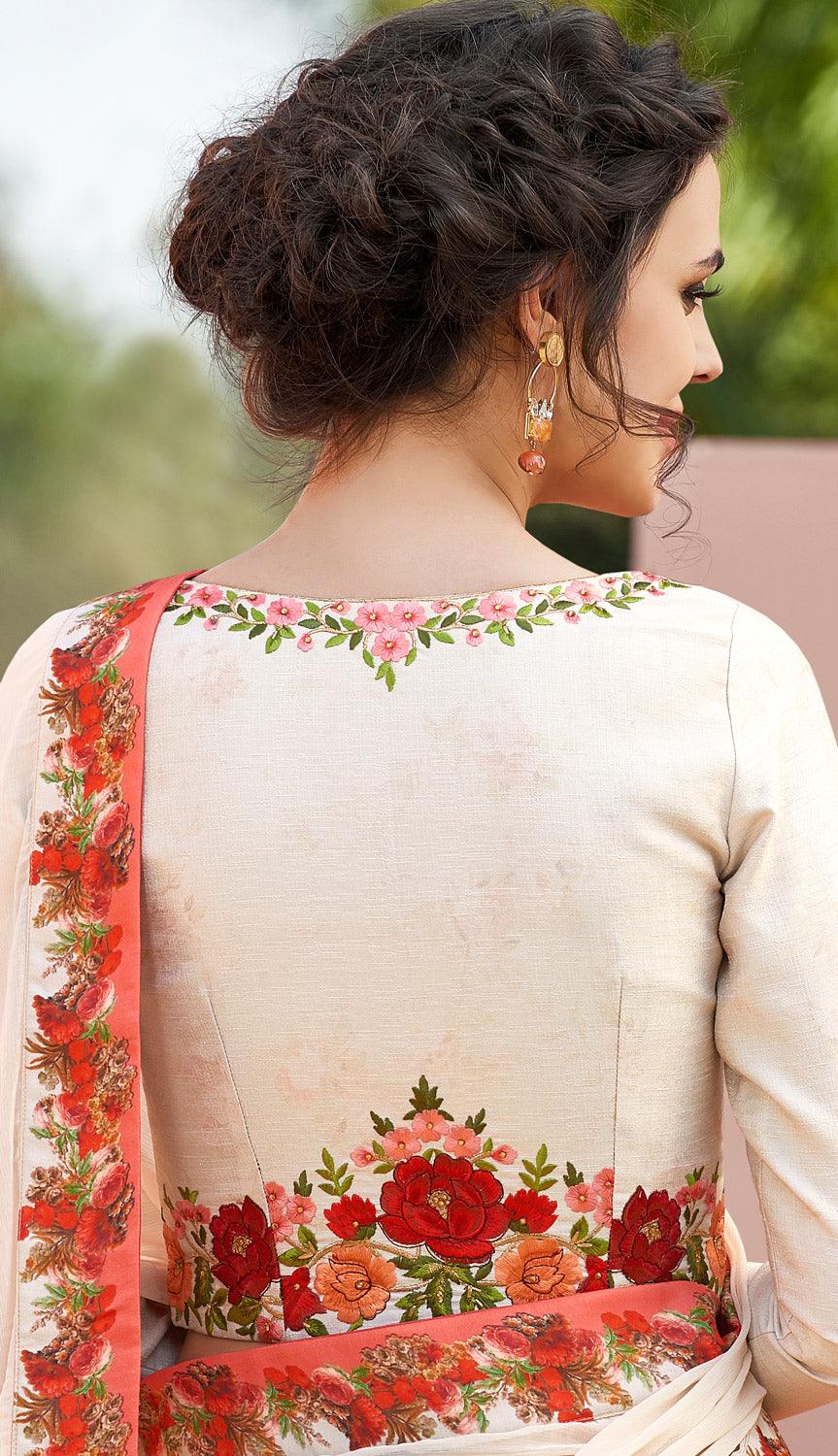 Dazzling Off-White Colored Designer Partywear Embroidered Silk Lehenga Choli - Peachmode
