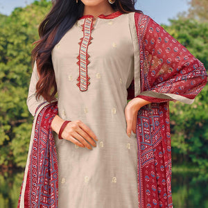 Dazzling Offwhite Colored Partywear Embroidered Modal Cotton Dress Material - Peachmode