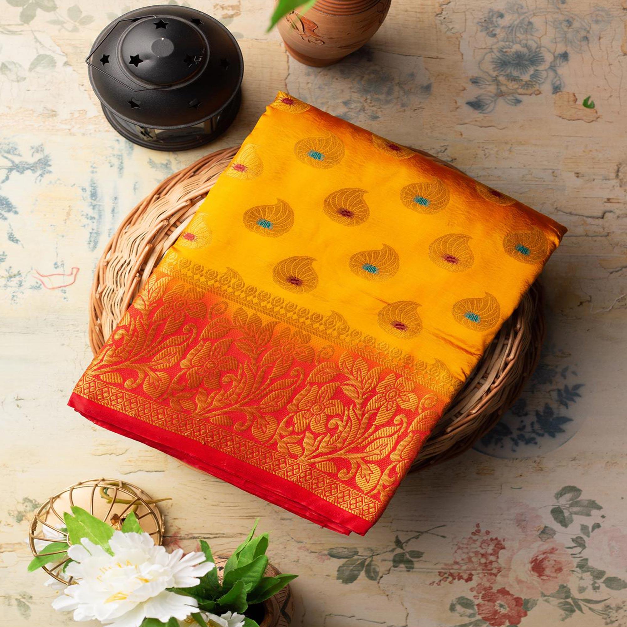 Dazzling Orange Colored Festive Wear Woven Art Silk Saree - Peachmode
