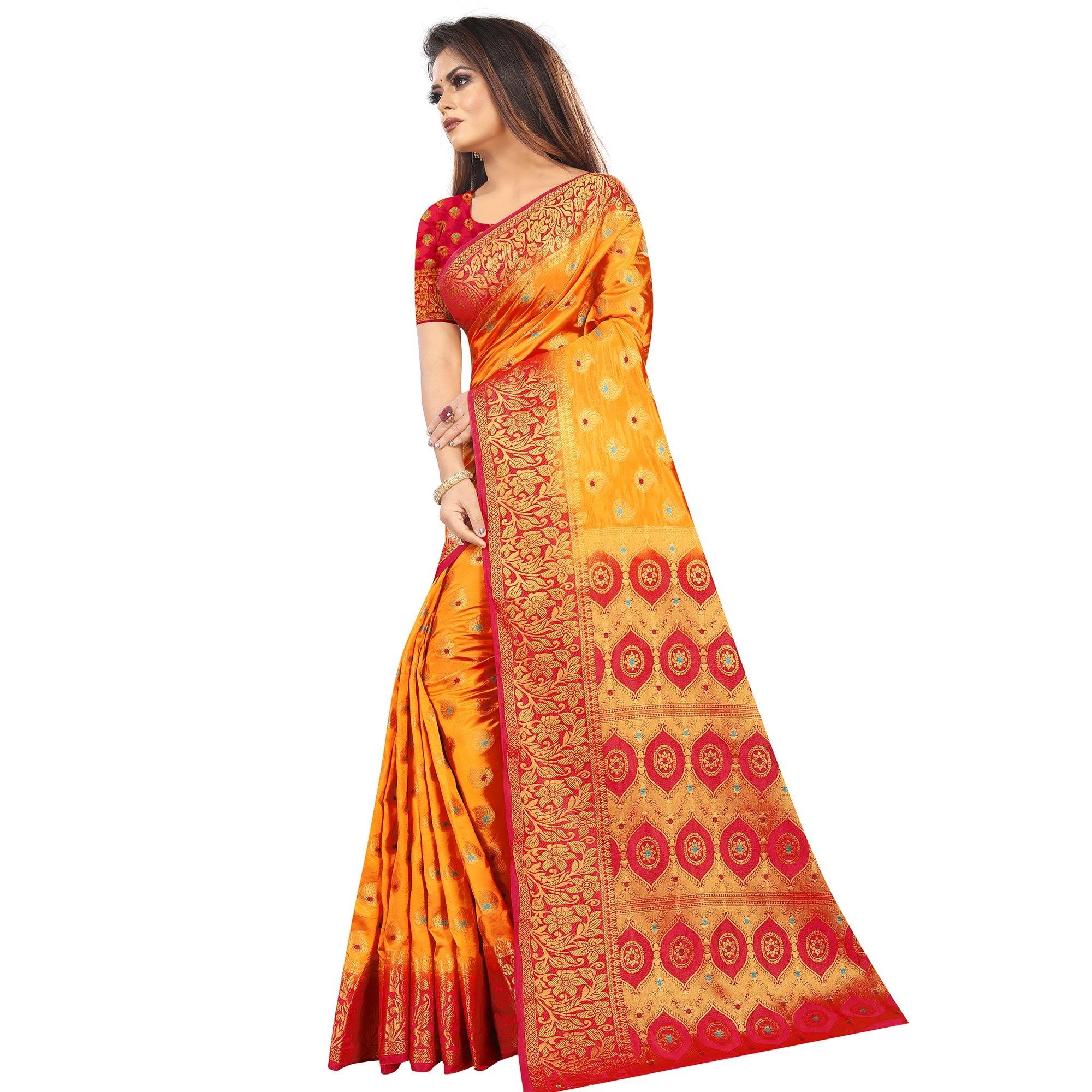 Dazzling Orange Colored Festive Wear Woven Art Silk Saree - Peachmode