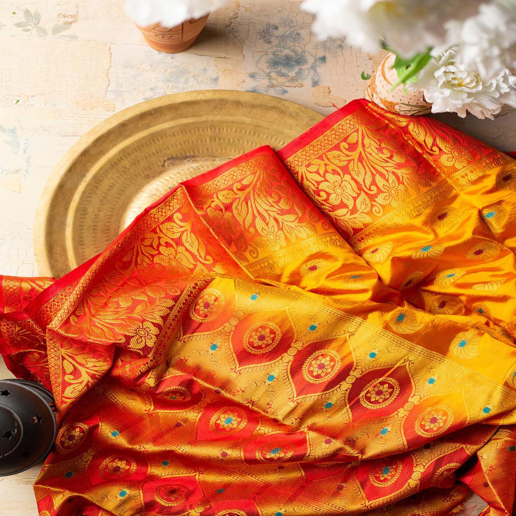 Dazzling Orange Colored Festive Wear Woven Art Silk Saree - Peachmode