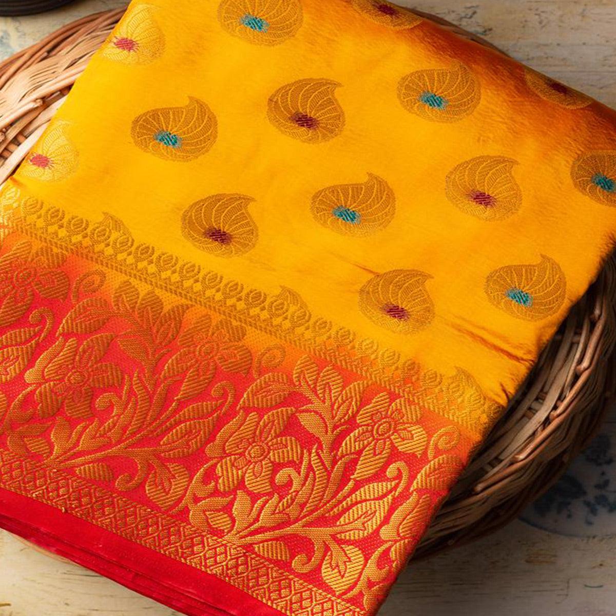 Dazzling Orange Colored Festive Wear Woven Art Silk Saree - Peachmode