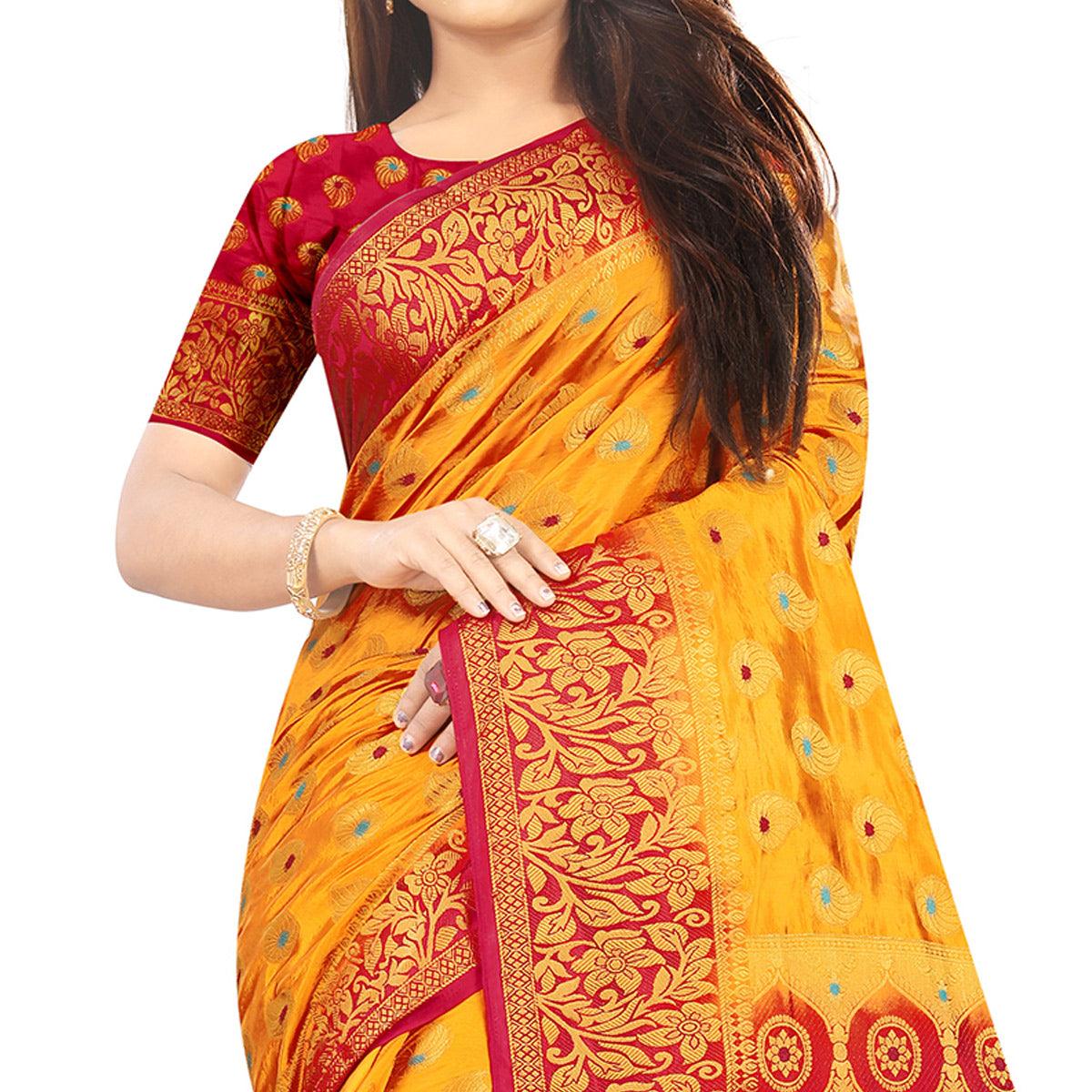 Dazzling Orange Colored Festive Wear Woven Art Silk Saree - Peachmode