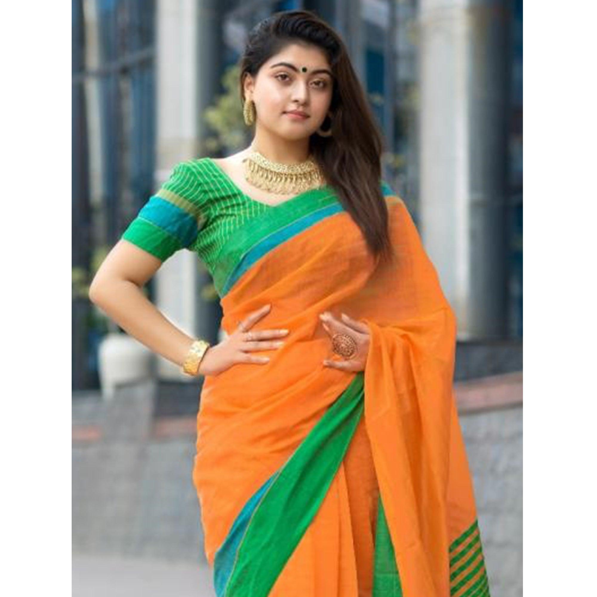 Dazzling Orange Colored Festive Wear Woven Cotton Saree - Peachmode