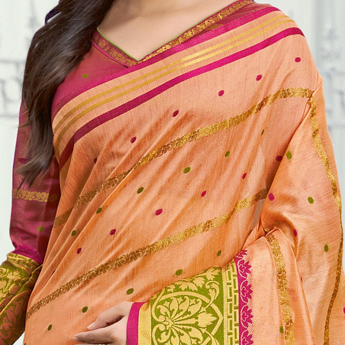 Dazzling Peach Colored Festive Wear Woven Handloom Silk Saree - Peachmode