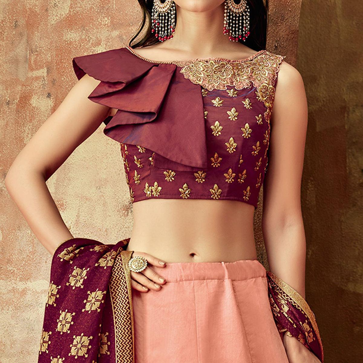 Dazzling Peach Colored Partywear Embroidered Silk Lehenga Choli - Peachmode