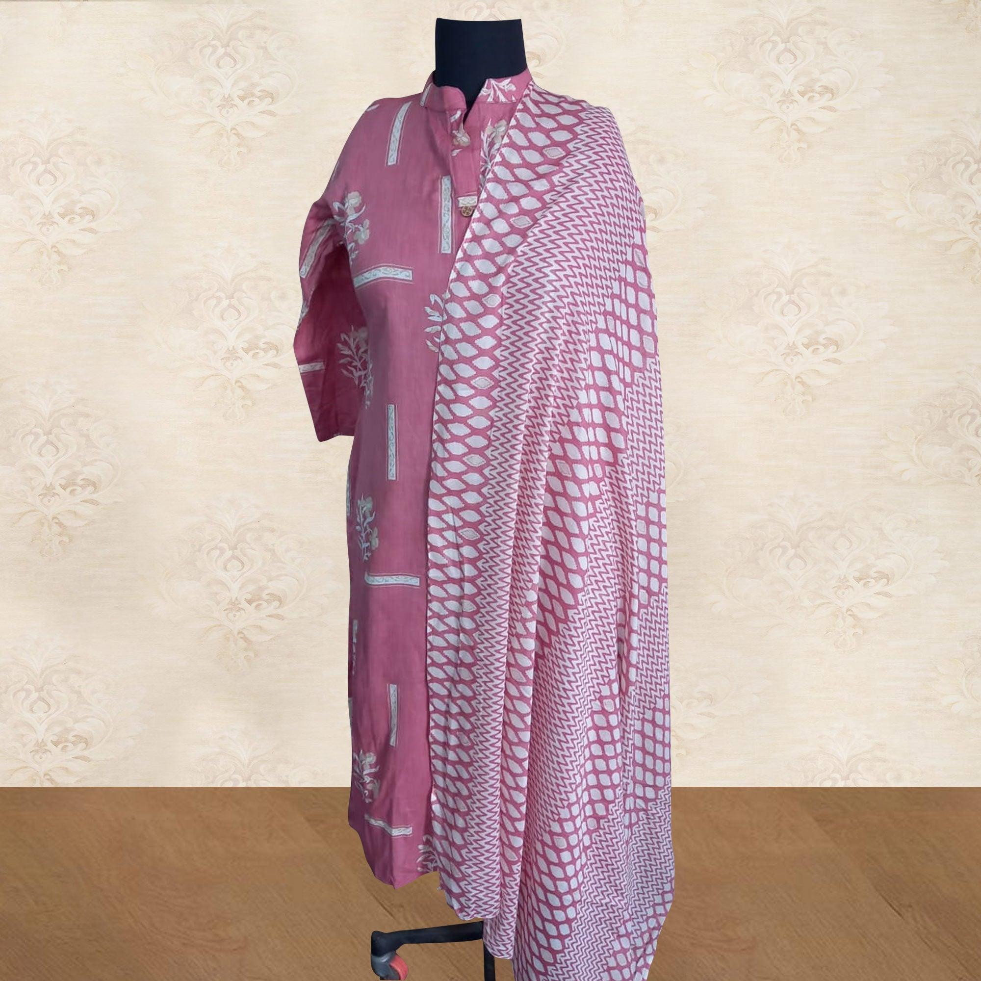 Dazzling Pink Colored Casual Wear Printed Pure Cotton Kurti With Dupatta - Peachmode