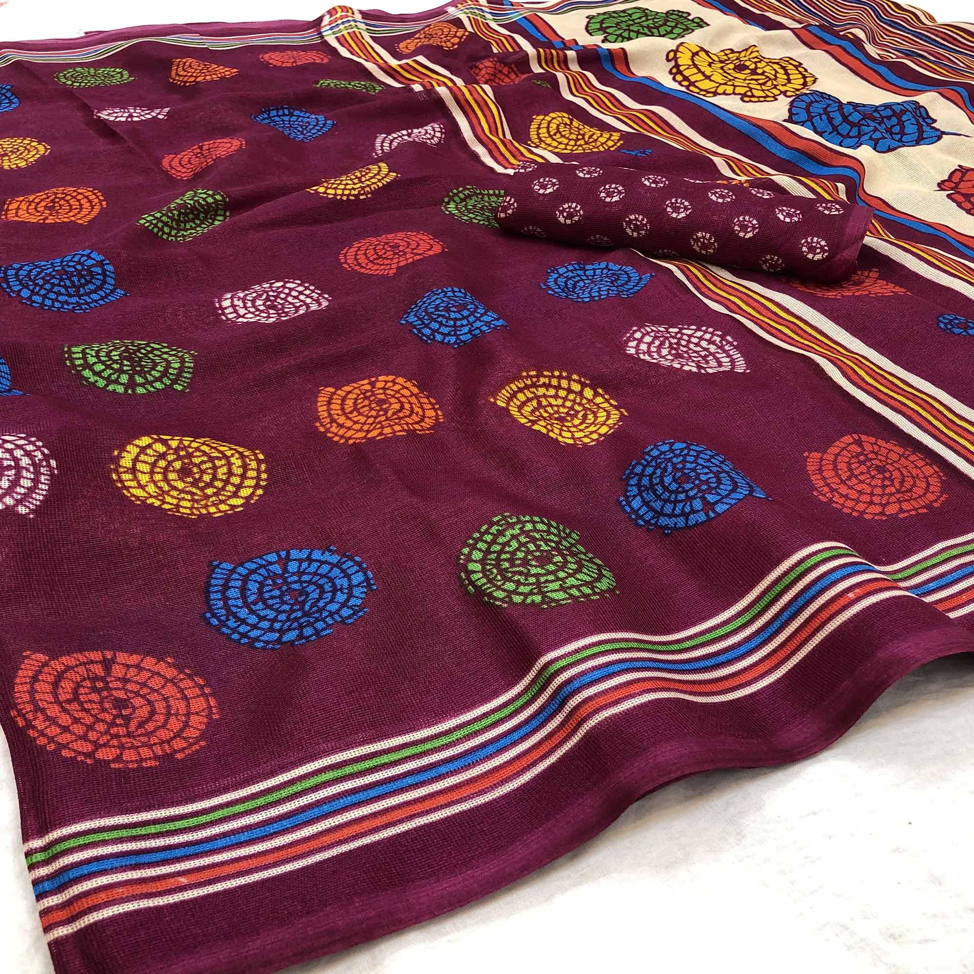 Dazzling Purple Colored Casual Wear Printed Jute Silk Saree - Peachmode