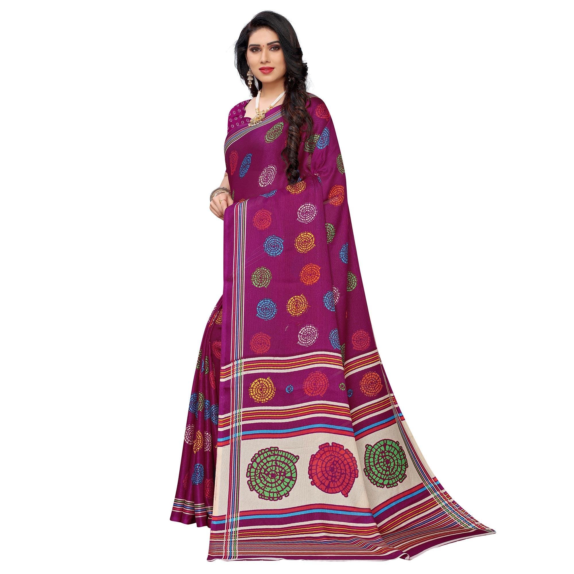 Dazzling Purple Colored Casual Wear Printed Jute Silk Saree - Peachmode