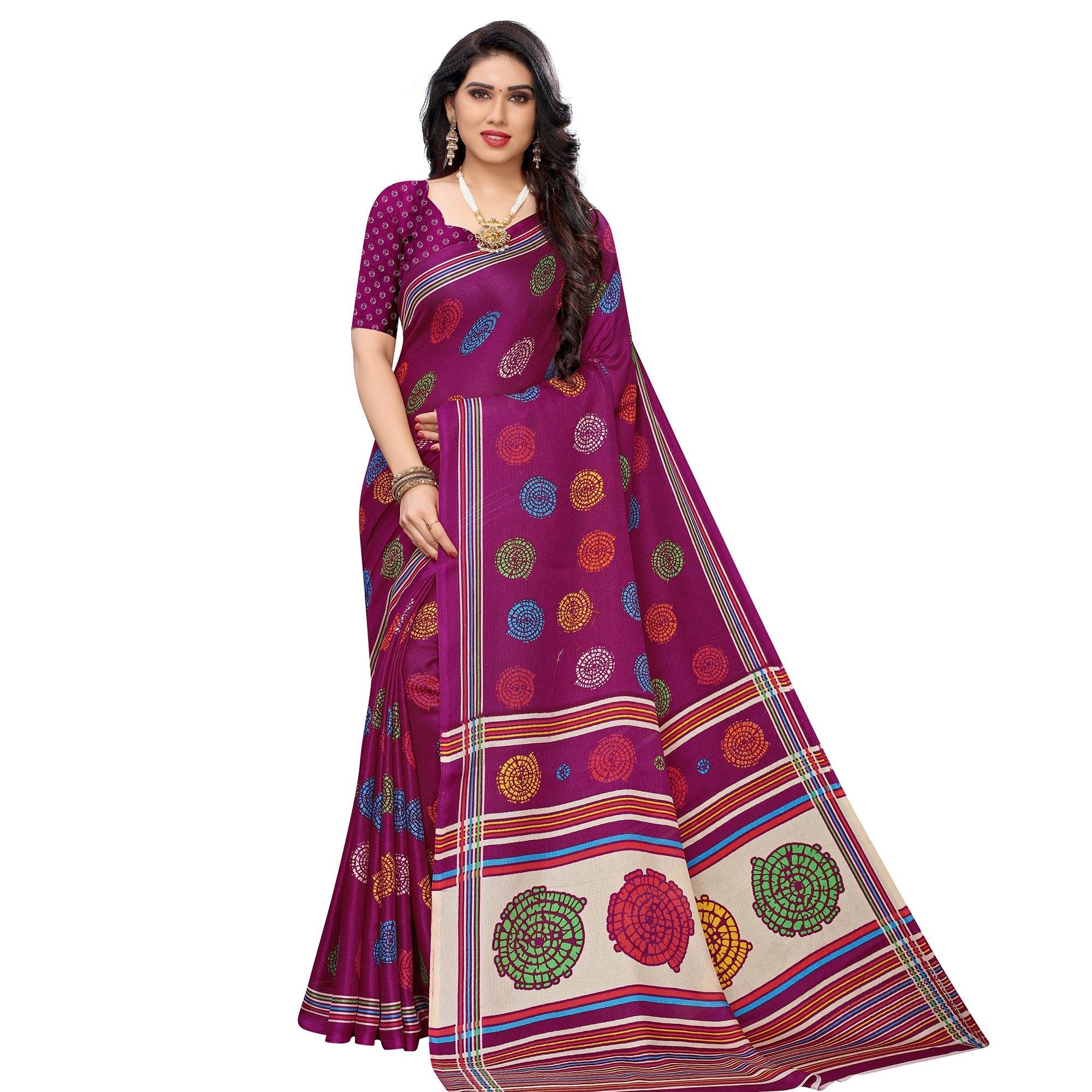 Dazzling Purple Colored Casual Wear Printed Jute Silk Saree - Peachmode