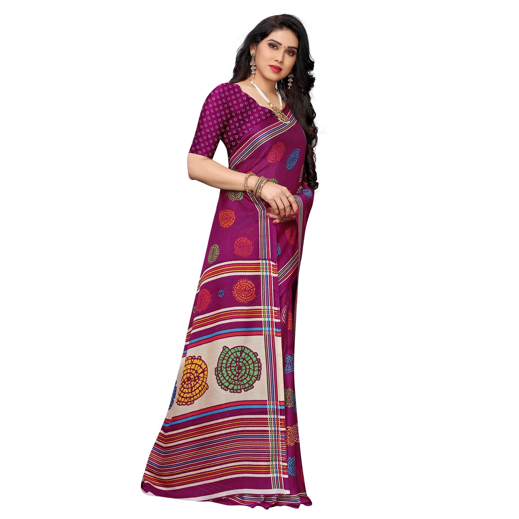 Dazzling Purple Colored Casual Wear Printed Jute Silk Saree - Peachmode