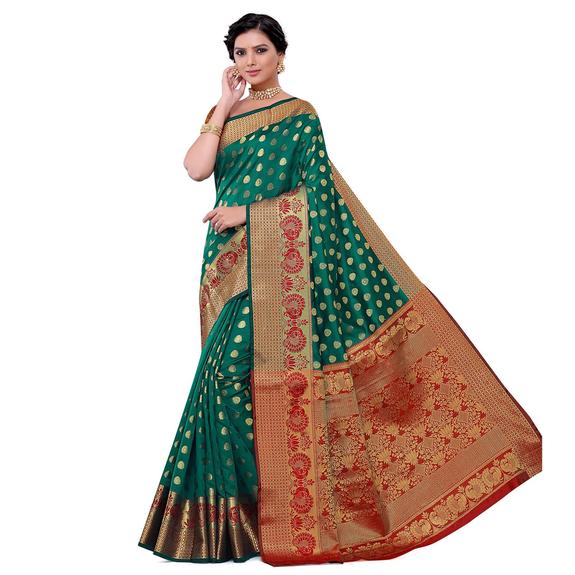 Dazzling Rama Green Colored Festive Wear Woven Kota Art Silk Banarasi Saree - Peachmode
