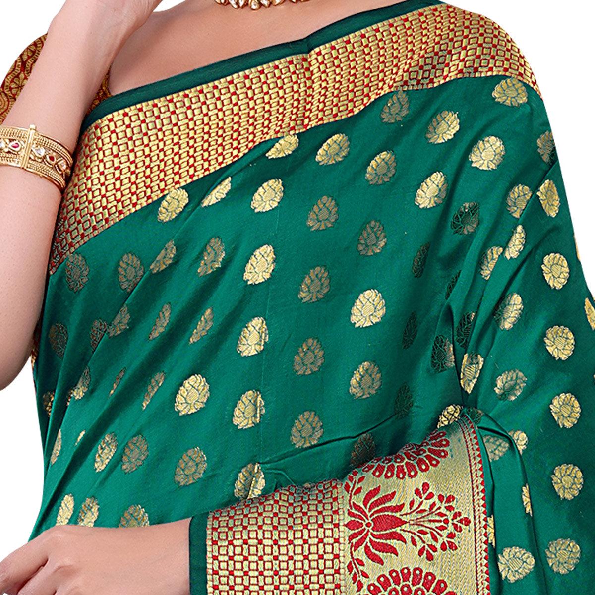 Dazzling Rama Green Colored Festive Wear Woven Kota Art Silk Banarasi Saree - Peachmode