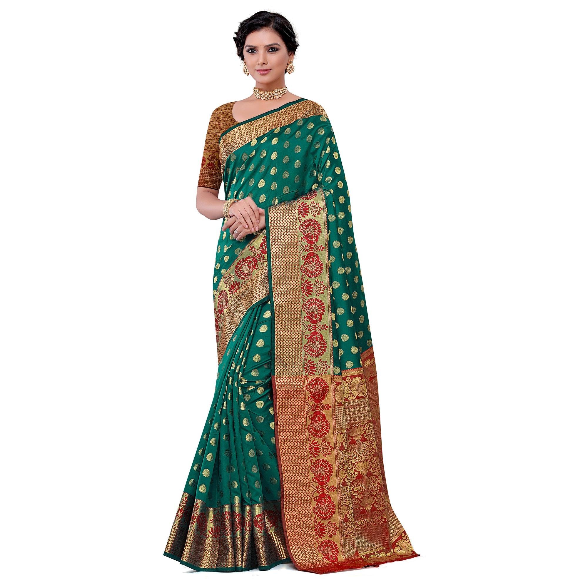 Dazzling Rama Green Colored Festive Wear Woven Kota Art Silk Banarasi Saree - Peachmode