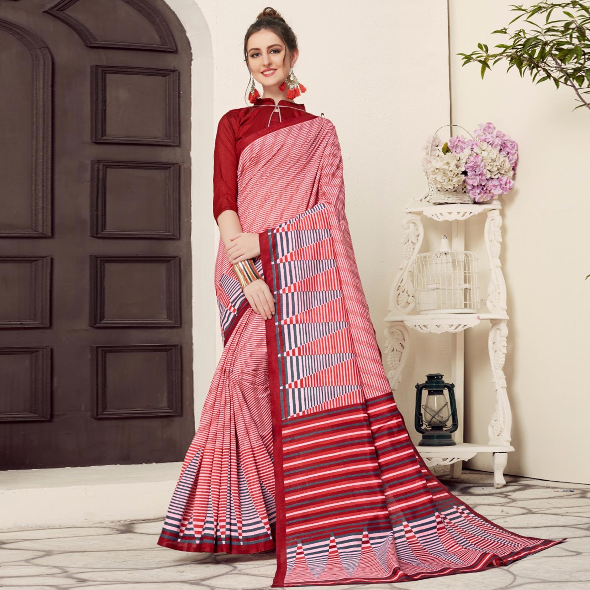 Dazzling Red Colored Casual Printed Bhagalpuri Silk Saree - Peachmode