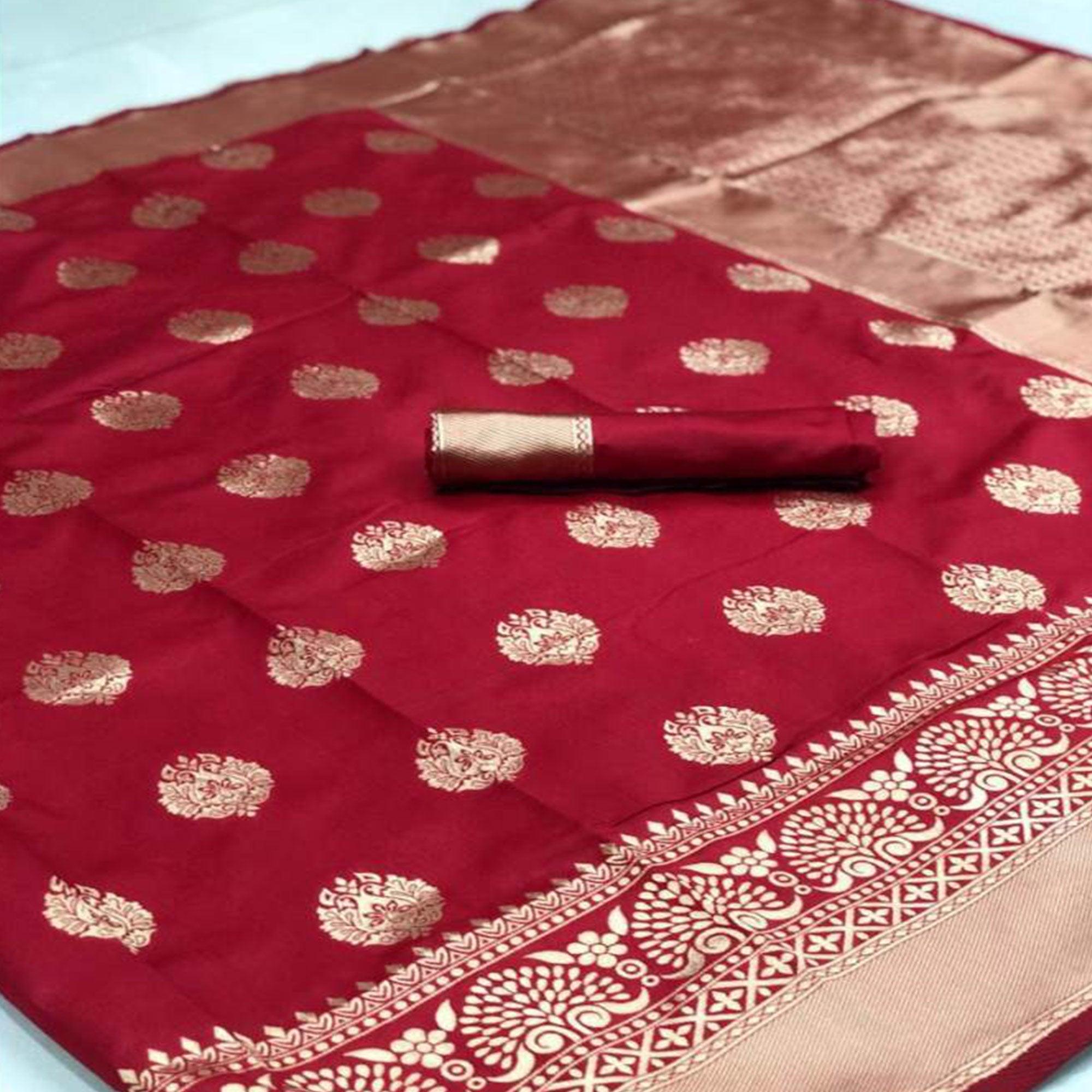 Dazzling Red Colored Festive Wear Woven Banarasi Silk Saree - Peachmode