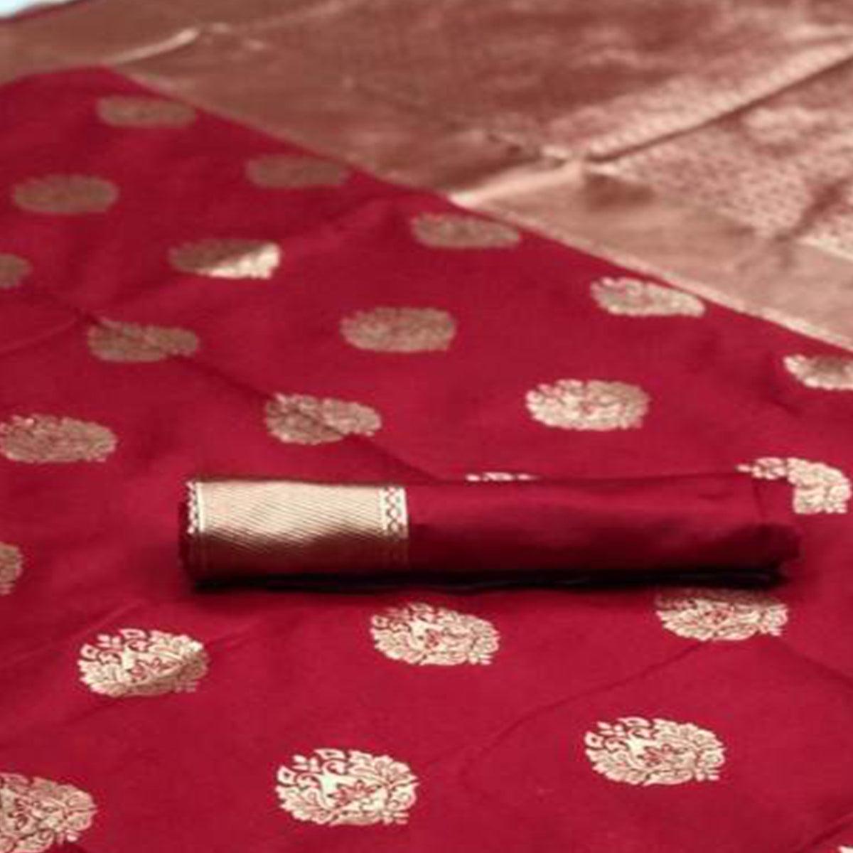 Dazzling Red Colored Festive Wear Woven Banarasi Silk Saree - Peachmode
